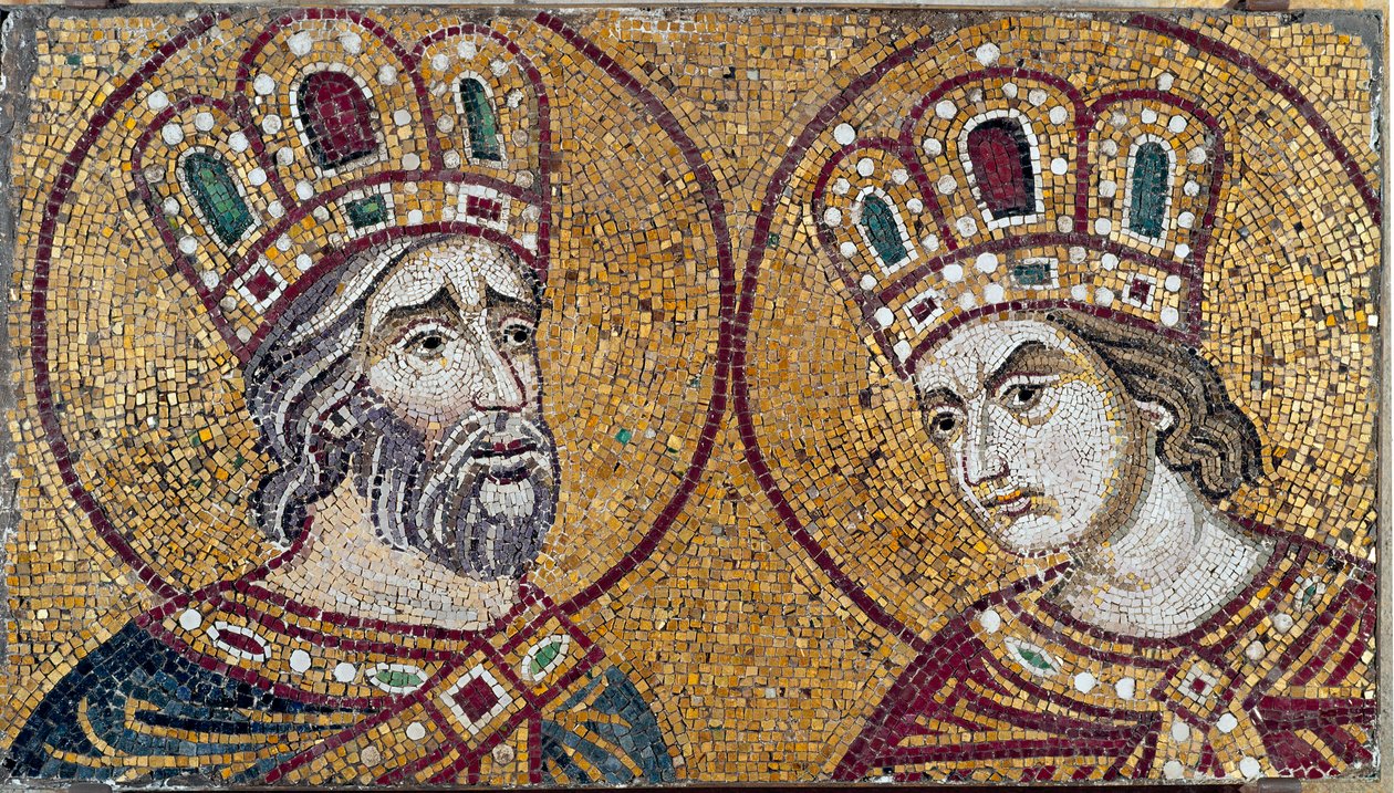 Rooman keisari Konstantinus I ja hänen äitinsä Pyhä Helena (mosaiikkiyksityiskohta) tekijältä Byzantine Byzantine