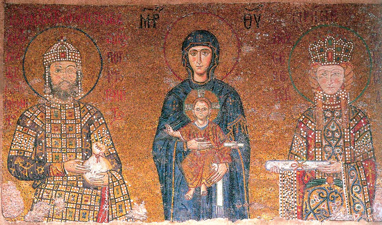 Neitsyt lapsen kanssa keisari Johannes II Comnenuksen ja hänen vaimonsa Irenen välillä, 1118. tekijältä Byzantine Master.