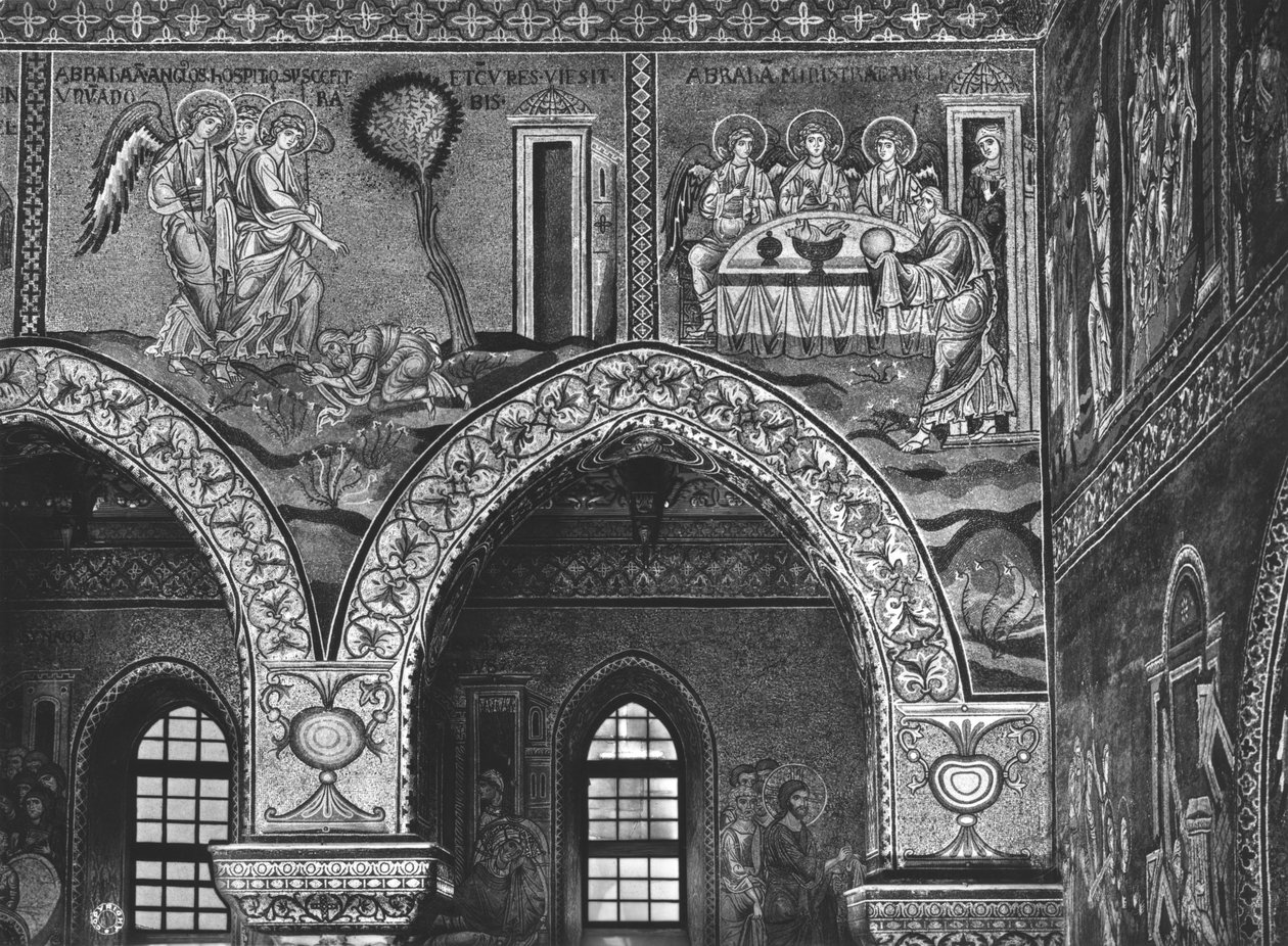 Kolmen enkelin ilmestyminen Abrahamille ja Abrahamin vieraanvaraisuus, n. 1182 (mosaiikki) tekijältä Byzantine School