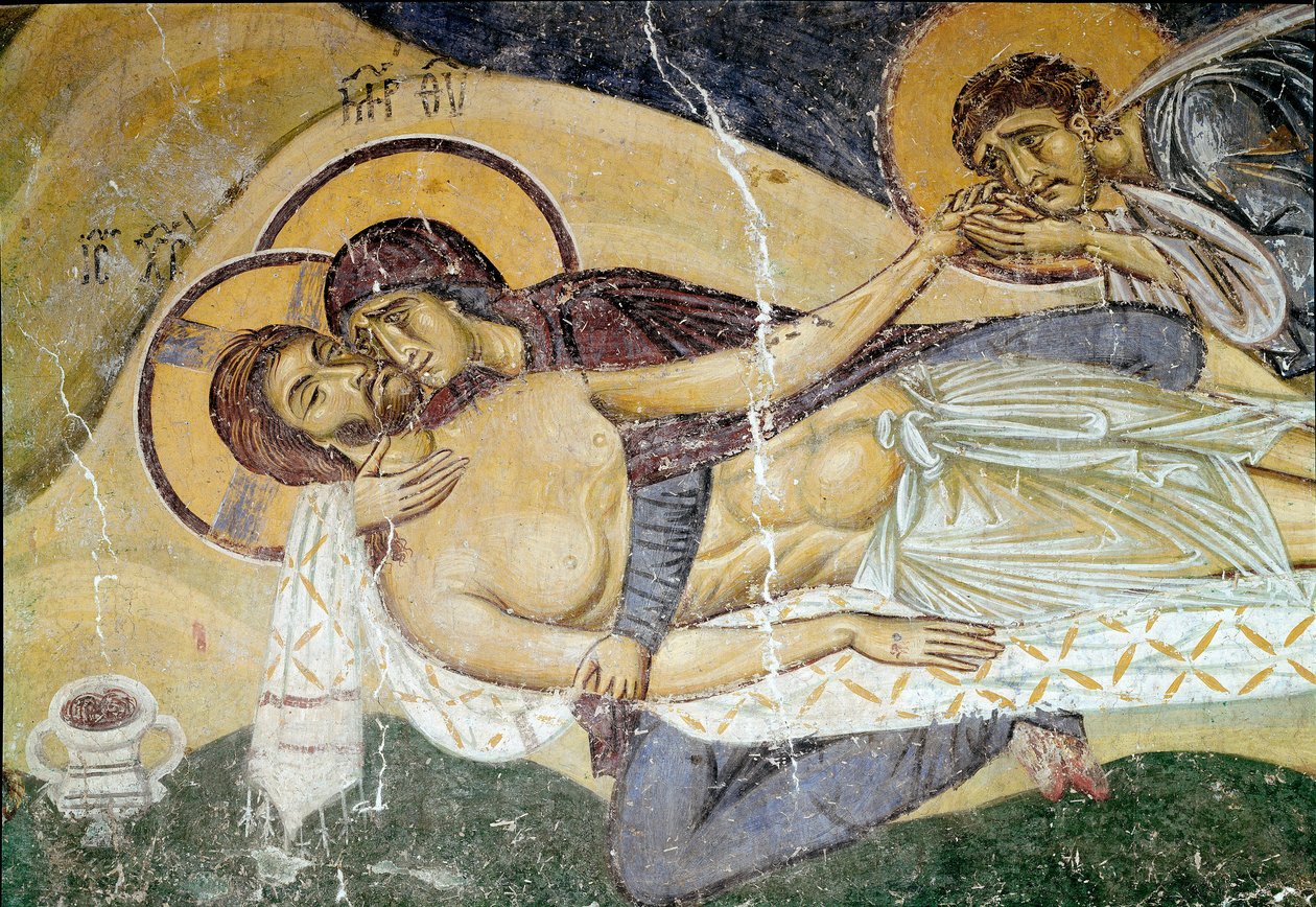 Bysanttilainen taide: "Valittelu Kristuksen kuolemasta"" Taiteilijan fresko 1100-luvulta. Yksityiskohta. Nerezi, San Pantaleimone, Macedoine tekijältä Byzantine School
