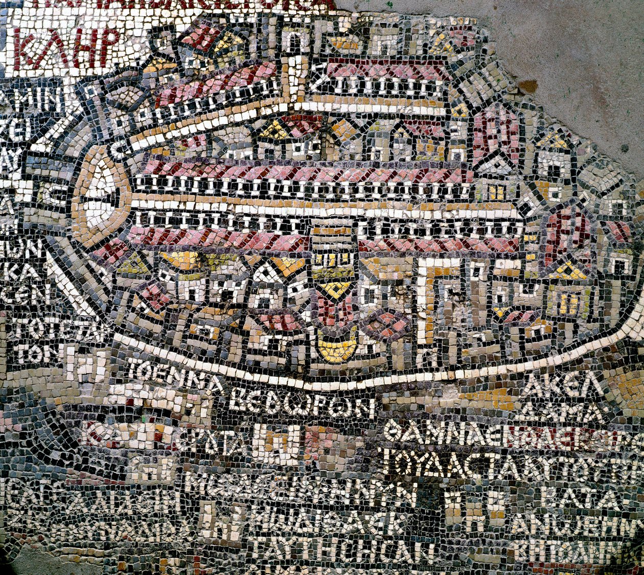 Bysantin taide: Palestiinan vanhin kartta. Jerusalemia kuvaava yksityiskohta. 6. vuosisadan mosaiikki. Madaba, Pyhän Yrjön kirkko tekijältä Byzantine School