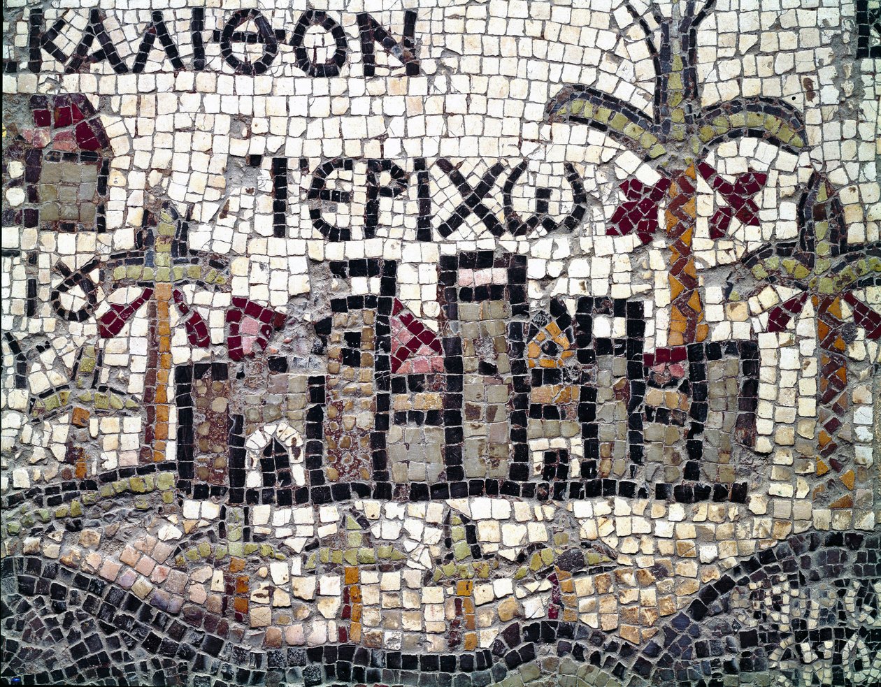 Bysantin taide: Palestiinan vanhin kartta. Yksityiskohta, joka edustaa Jerikon kaupunkia (nimi kreikaksi). 6. vuosisadan mosaiikki. Madaba, Pyhän Yrjön kirkko tekijältä Byzantine School