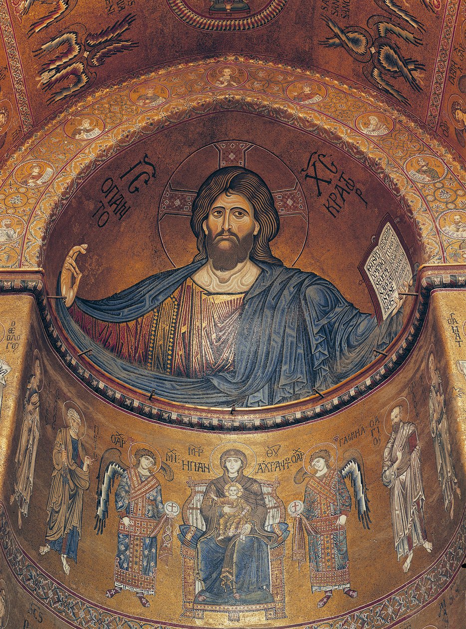 Kristus Pantokraattori ja Madonna valtaistuimella enkelien ja apostolien kanssa, keskusapsista (mosaiikki) tekijältä Byzantine School
