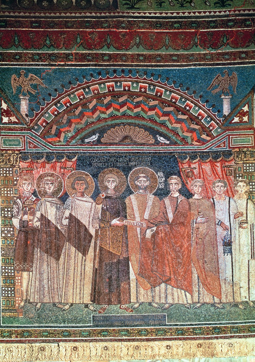 Konstantinus IV (654-85) myönsi piispa Reparatuksen oikeudet Ravennan kirkolle, 671-77 (mosaiikki) tekijältä Byzantine School