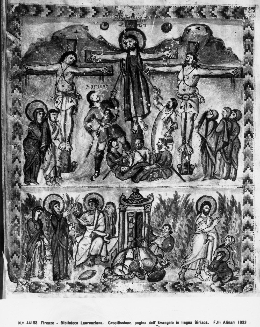 Ristiinnaulitseminen ja ylösnousemus, Rabulan evankeliumeista, 586 jKr tekijältä Byzantine School