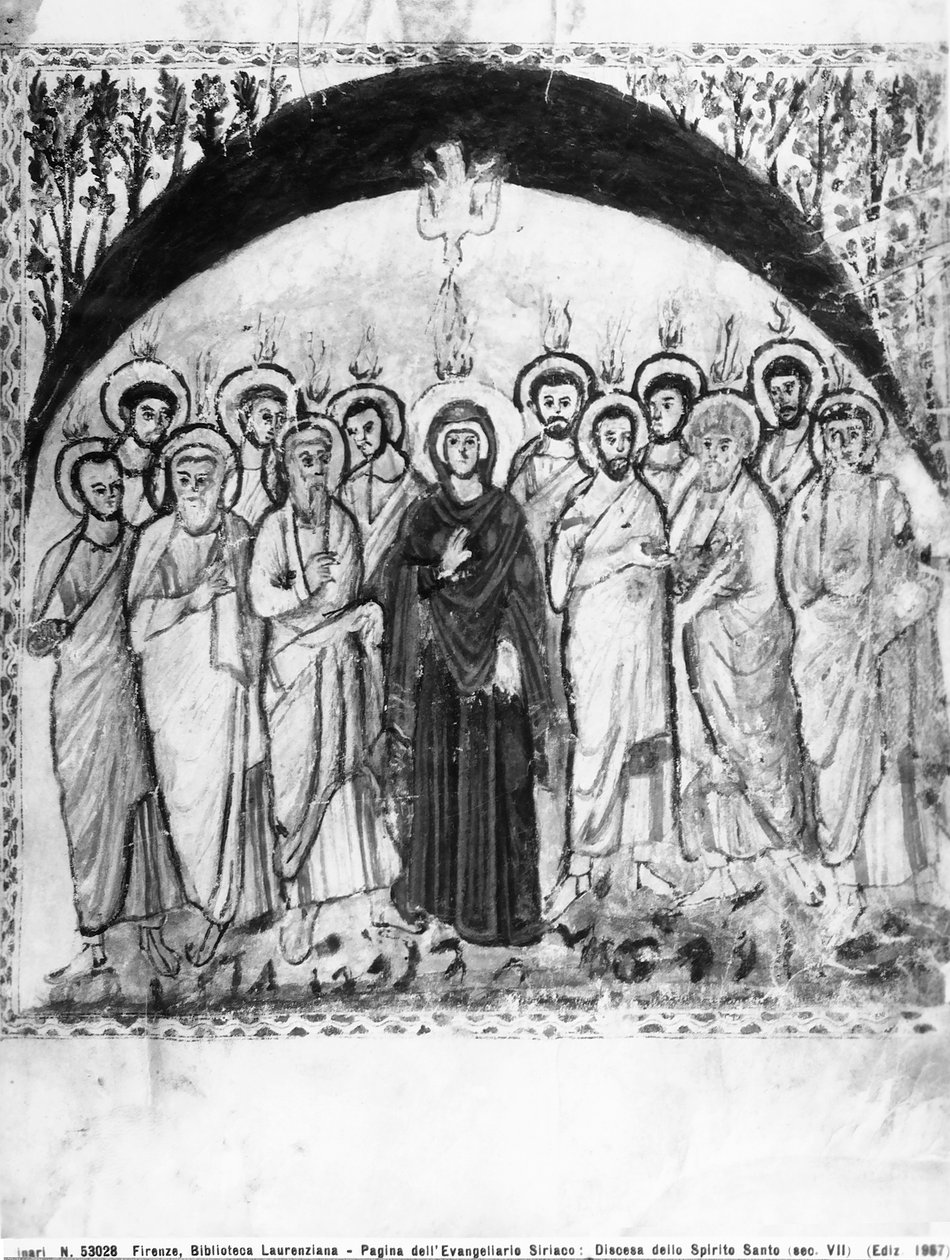 Pyhän Hengen laskeutuminen, folio Rabulan evankeliumeista, 586 jKr (tempera vellum) tekijältä Byzantine School