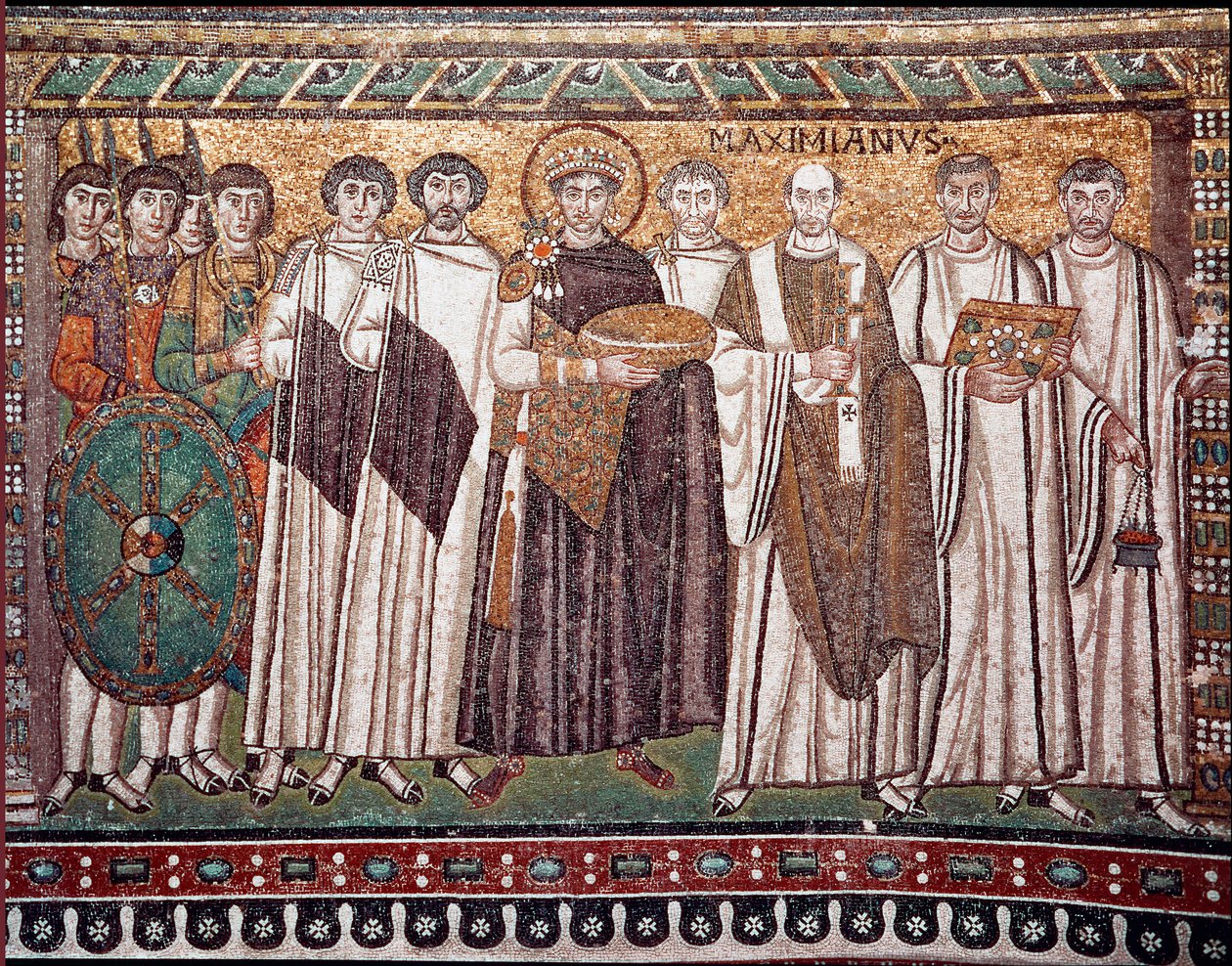 Keisari Justinianus I ja hänen seurueensa (virkamiehet, vartijat ja papisto), noin 547 jKr. (mosaiikki) tekijältä Byzantine School