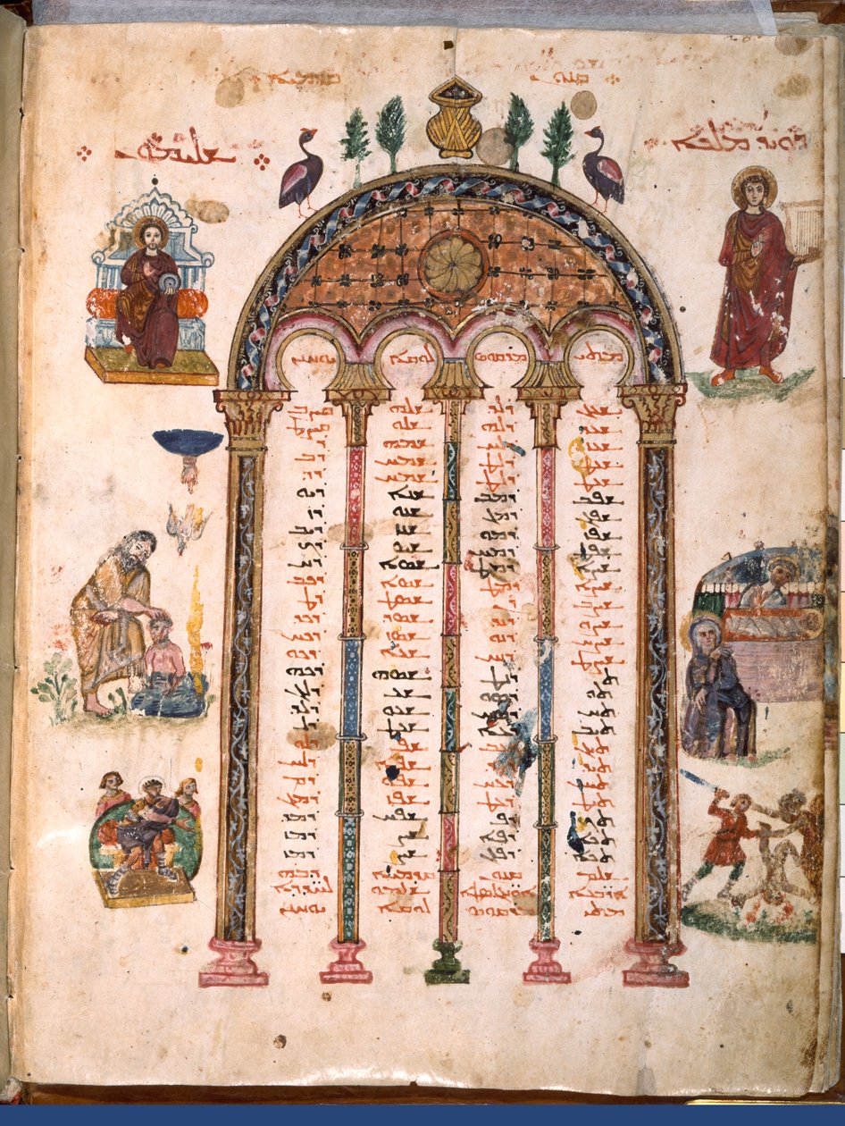 F.4v, kaanonin pöydät, Rabulan evankeliumeista, 586 jKr (tempera vellum) tekijältä Byzantine School