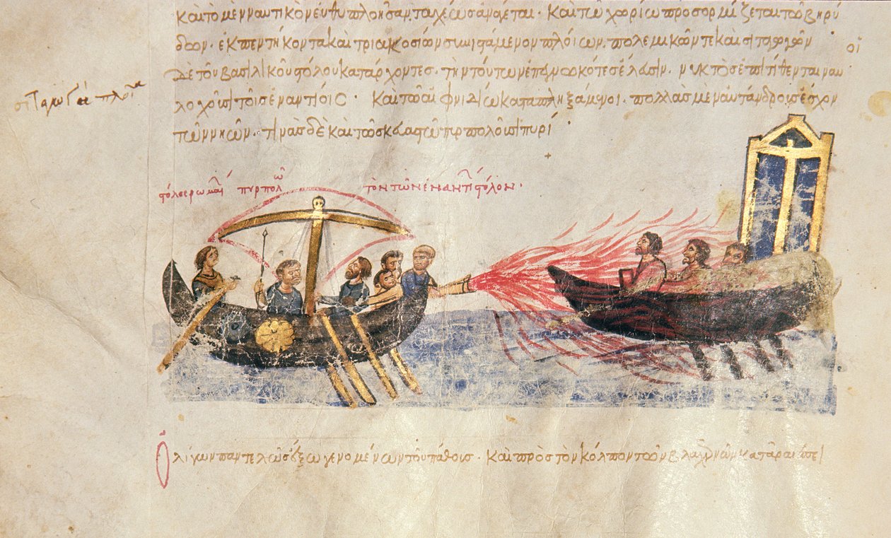 Kreikkalainen tuli, Fol. 34v Madrid Skylitzesistä tekijältä Byzantine School