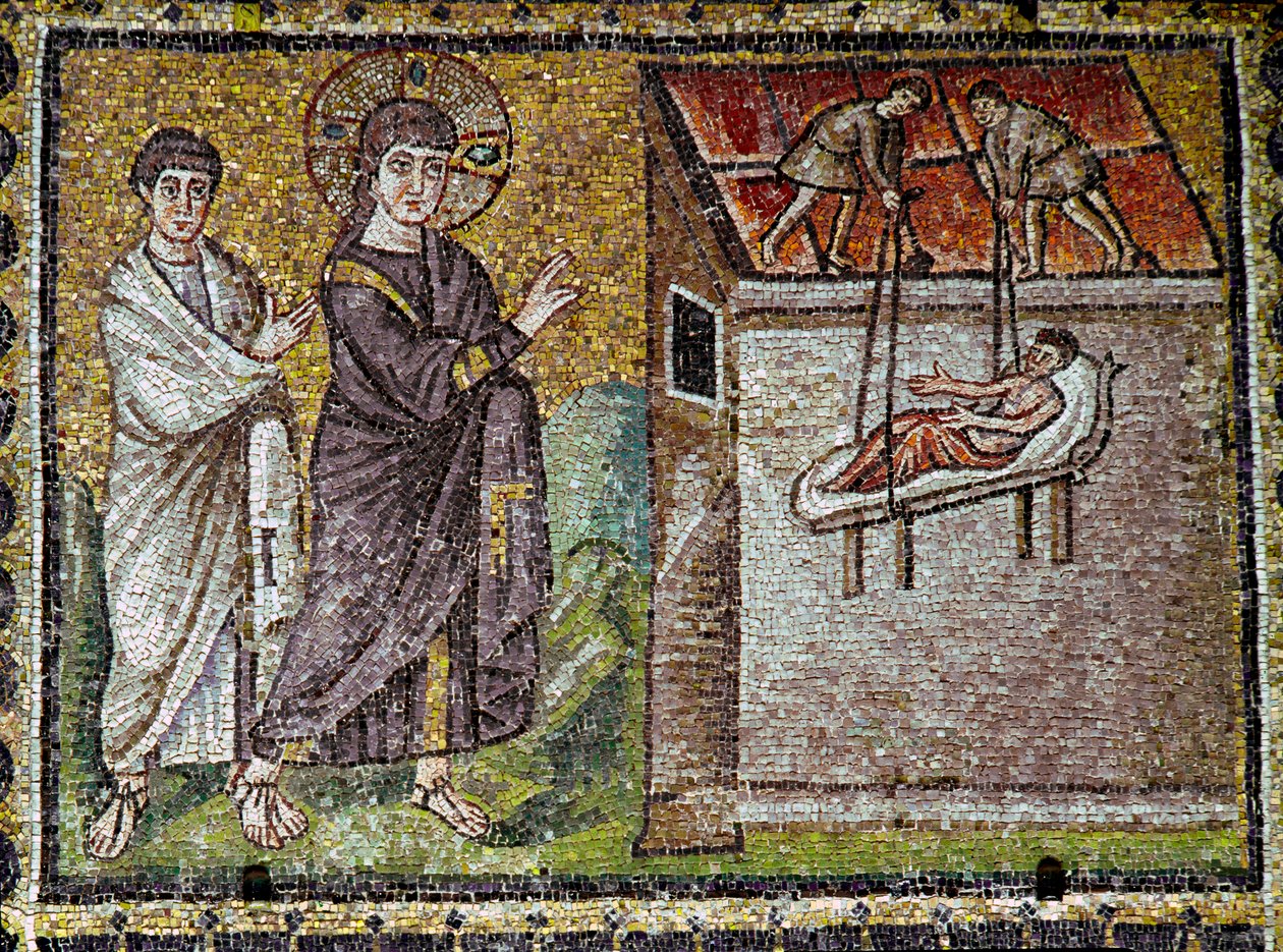 Jeesus taisteli ihmeen kautta halvaantuneen kanssa 6. vuosisadan Kapernaumin mosaiikissa. Ravennan Pyhän Apollinairen yhdeksän basilika (Sant