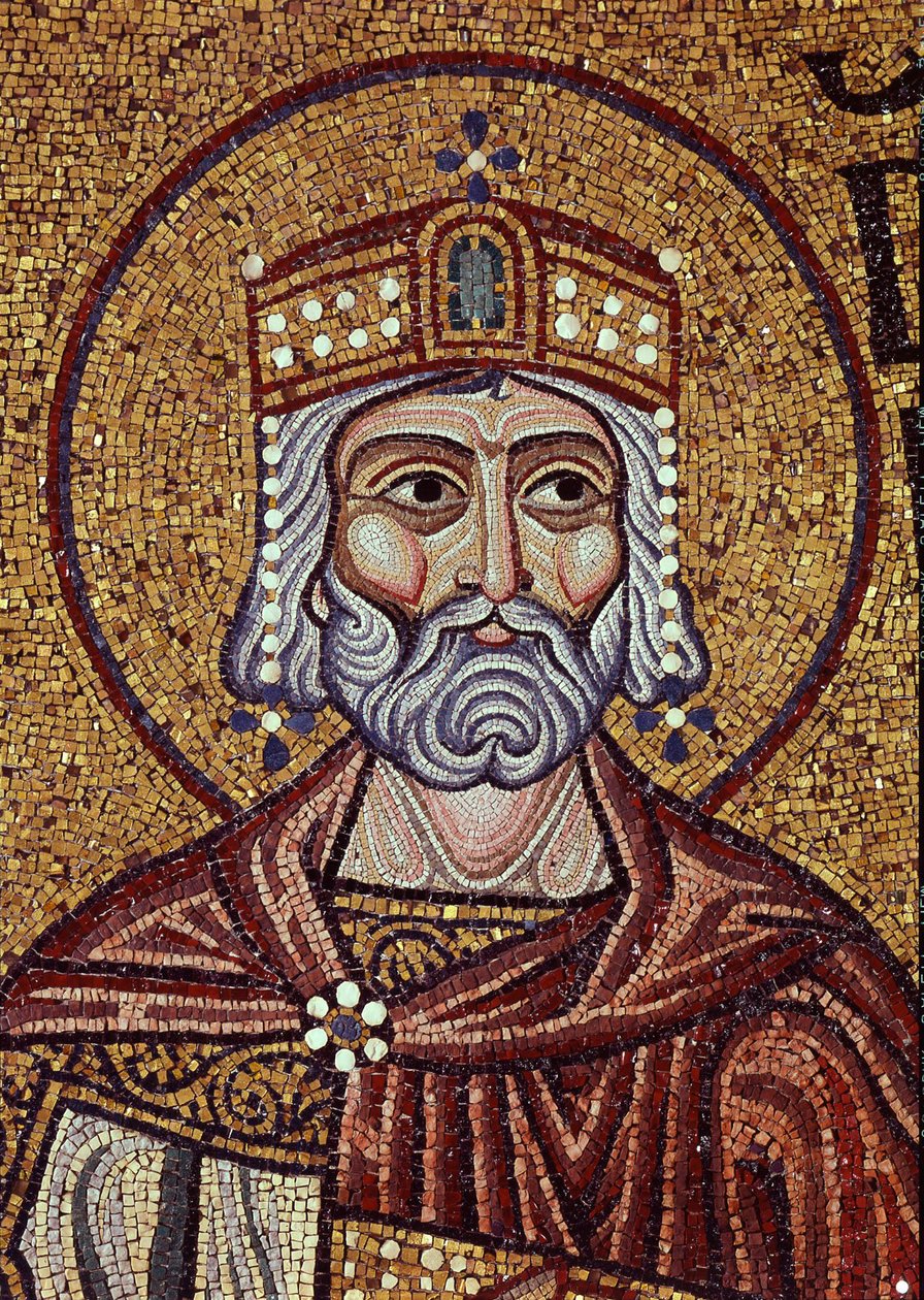 Kuningas Daavid (10. vuosisadalla eKr.). Bysanttilaisen mestarin työ, mosaiikki, yksityiskohta Pyhän Markuksen basilikan koristeesta Venetsiassa (Italia). Bysantin taide, keskiaika. Pyhän Markuksen basilika, Venetsia. tekijältä Byzantine School