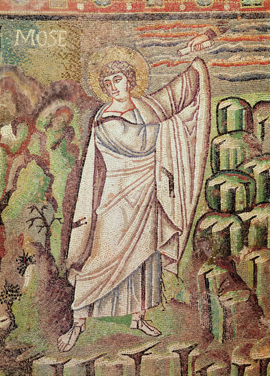 Mooses Siinain vuorella, Aabrahamin vieraanvaraisuutta ja Iisakin uhria esittävän lunetin yläpuolella oleva hahmo, 6. vuosisata (mosaiikki) (yksityiskohta kuvasta 154709). tekijältä Byzantine School
