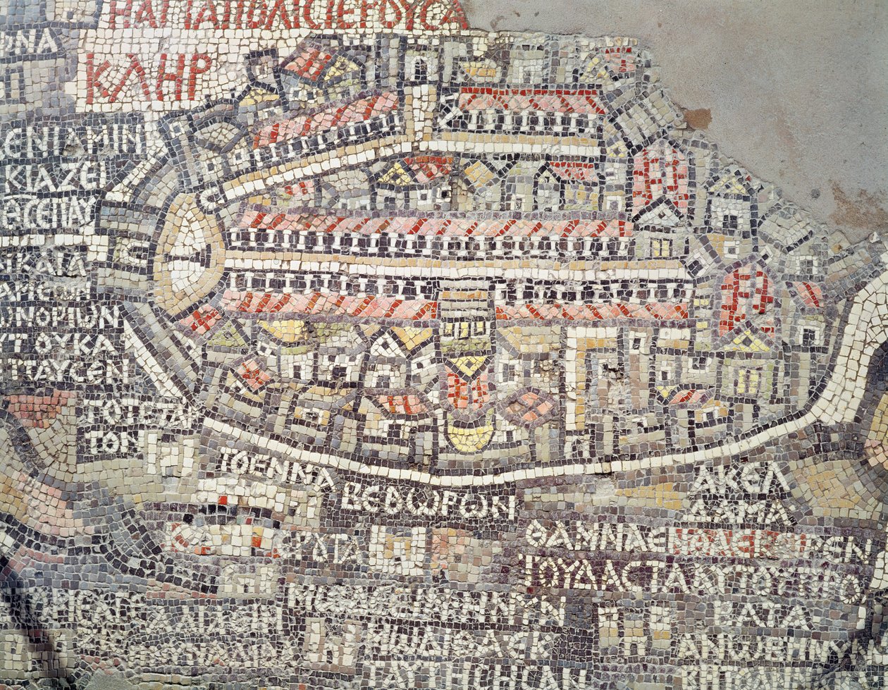 Jerusalemin kaupunki ja ympäröivä alue, yksityiskohta Madaban mosaiikkikartalta, bysanttilainen, 6. vuosisadalla (mosaiikki) tekijältä Byzantine School