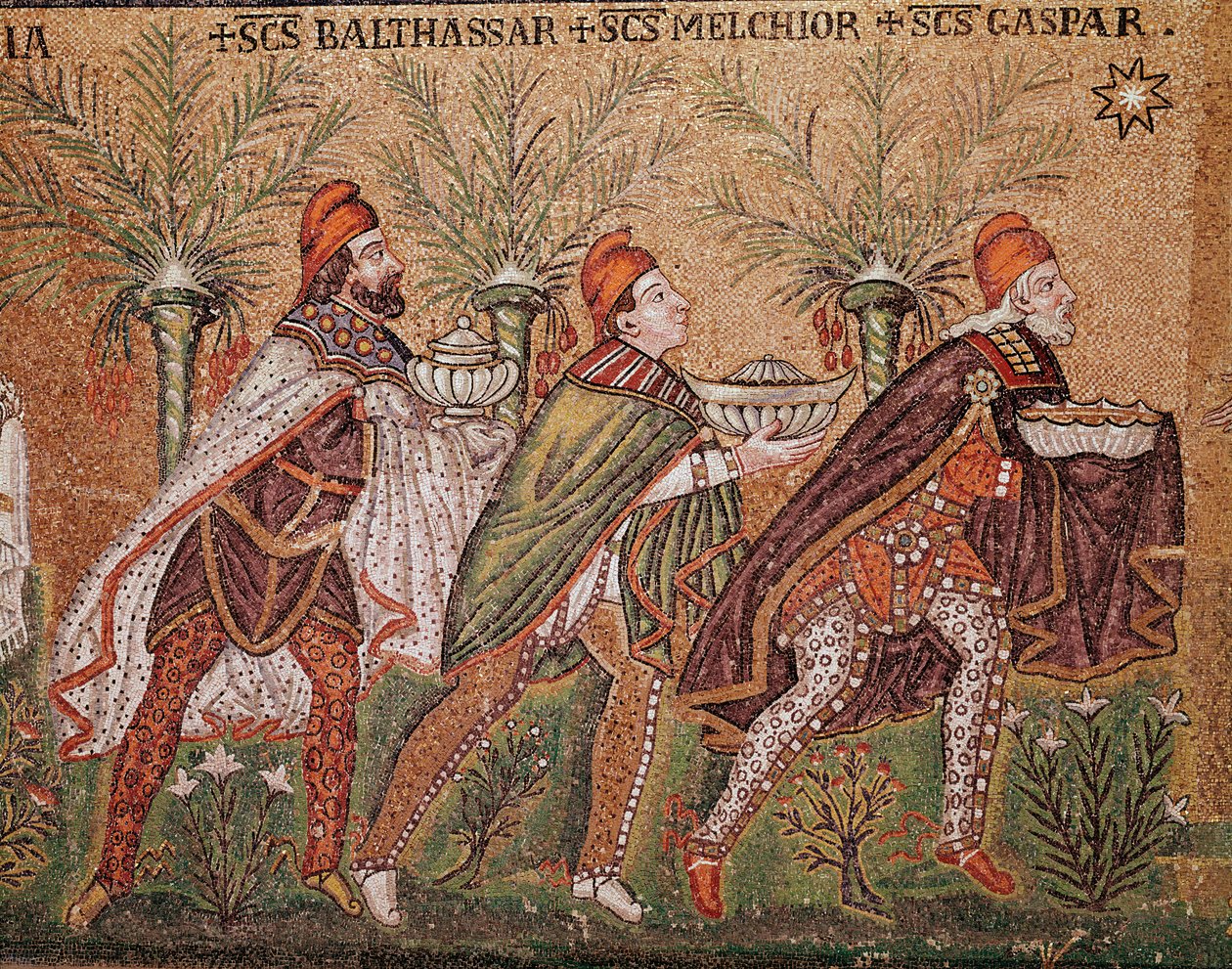 Maagien palvonta (yksityiskohta mosaiikista, 6. vuosisata). tekijältä Byzantine School
