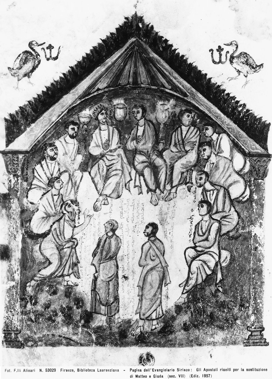 Apostolit kokoontuivat korvaamaan Juudaksen Mattiasella, folio Rabulan evankeliumeista, 586 jKr (tempera vellum) tekijältä Byzantine School