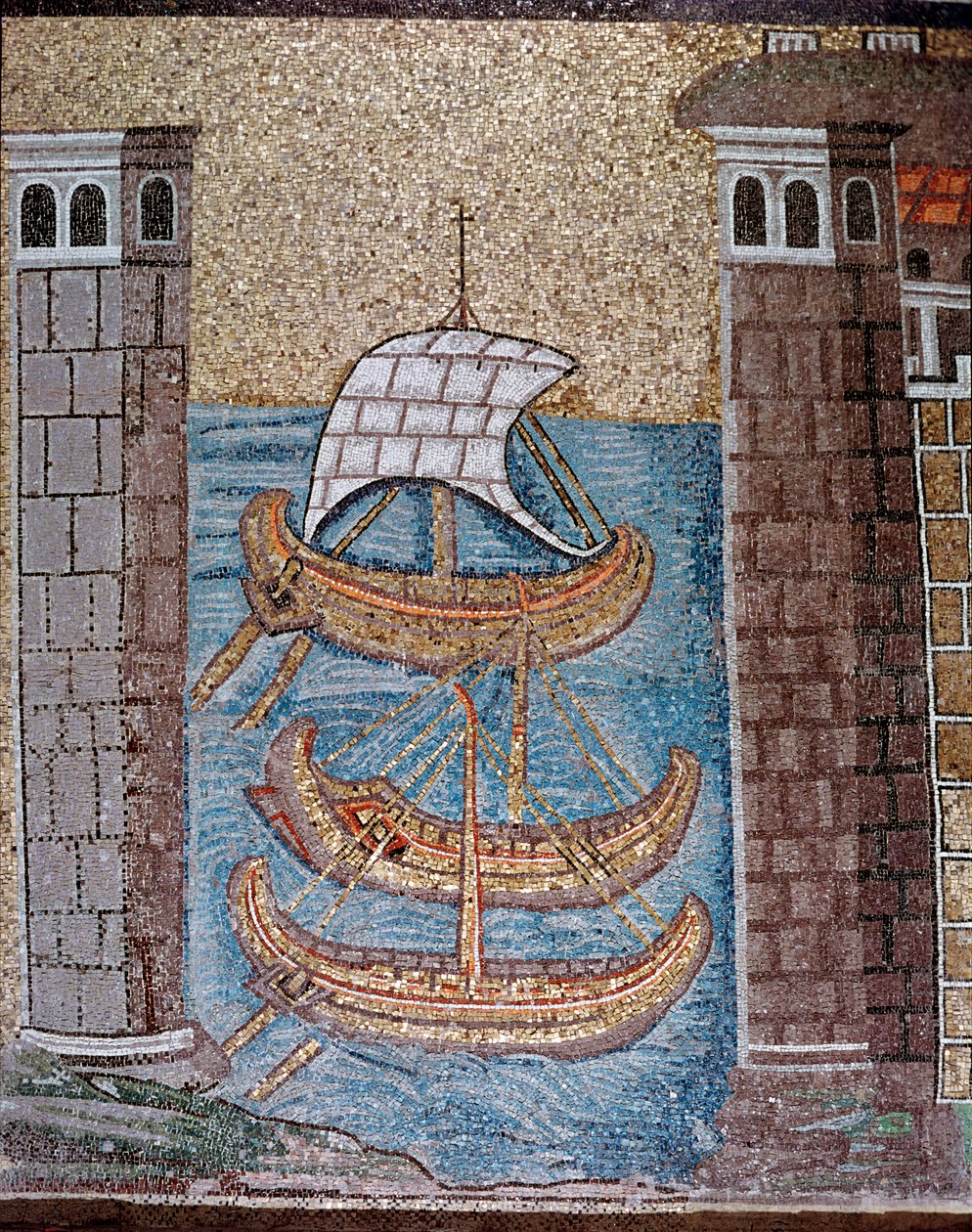 Näkymä veneistä Classin satamassa (Mosaiikien yksityiskohta, 6. vuosisata) tekijältä Byzantine School