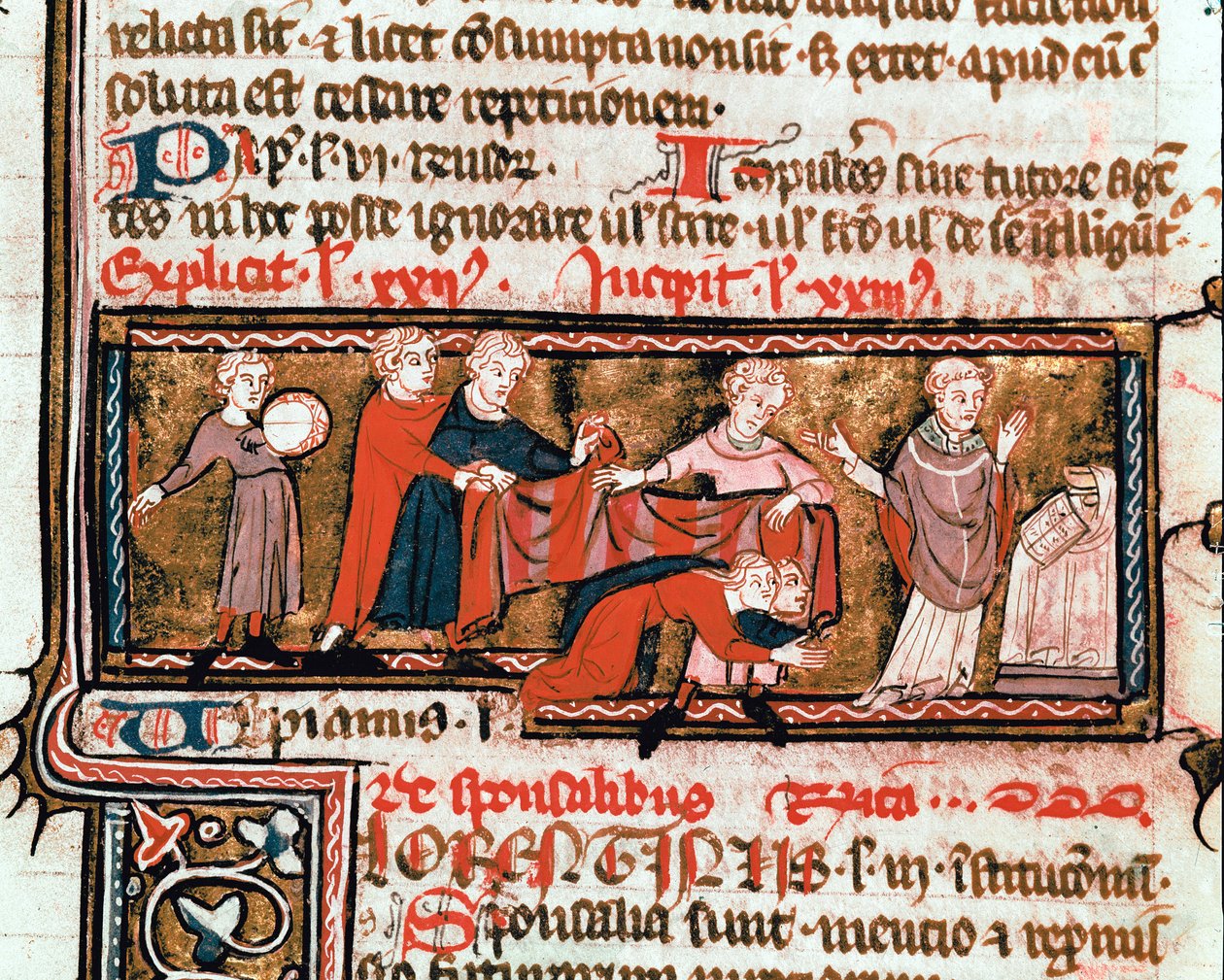 Hääkohtaus, puolisot on peitetty liinalla, joka on heidän liittonsa symboli Pienoiskuva Justinianuksen koodeksista (Codex Justinianus), joka on Rooman keisari Justinianus I:n (483-565) johdolla uudelleen koottu lakien ja instituutioiden kokoelma ms. 824 Mi tekijältä Byzantine School