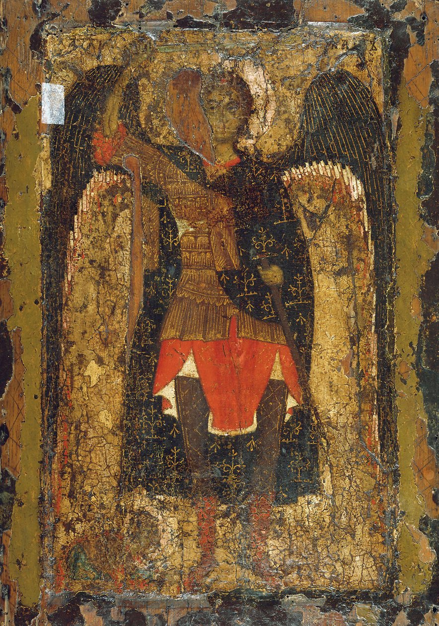Arkkienkeli Mikaelin ilmestyminen Joshualle, Nunin pojalle, 1200-luvun alussa. tekijältä Byzantine icon.