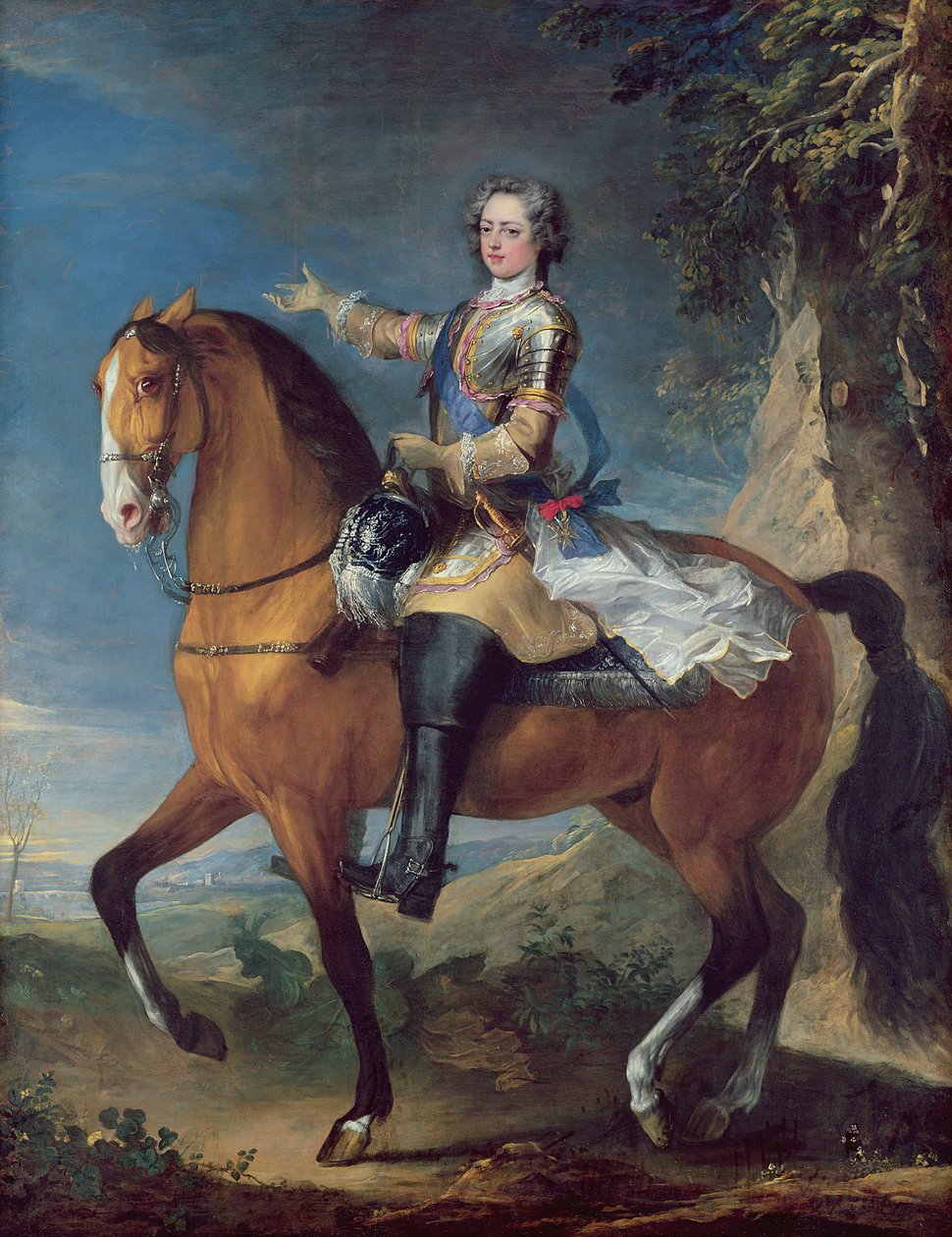 Ludvig XV:n (1710-74) ratsastusmuotokuva 13-vuotiaana, 1723 tekijältä C. and Van Loo, J. B. Parrocel