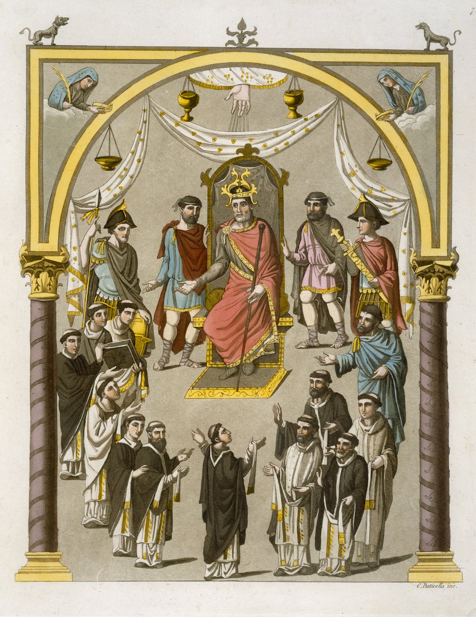 Kaarle II (823-77) Kalju, Colbergin kirjastossa tehdyn käsikirjoituksen jälkeen, levy 7 Le Costume Ancien et Modernesta, Jules Ferrario, julkaistu noin 1820-30-luvulla tekijältä C. Botticella