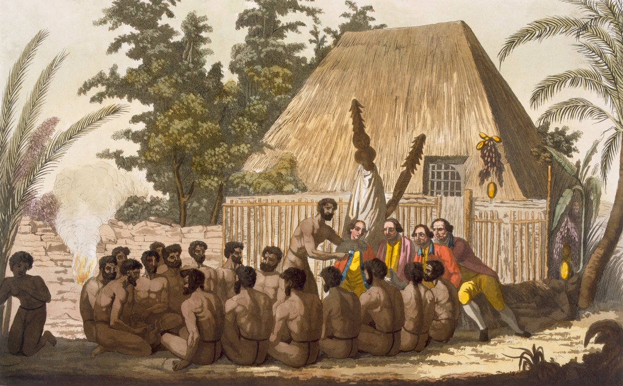 Uhri kapteeni Cookille, joka tunnustaa hänet Lomon jumalan inkarnaatioksi tammikuussa 1779, kaiverruksen Angelo Biasioli tekijältä C. Bottigella