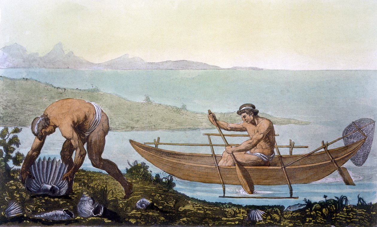 Kalastaja kanootissa ja mies keräämässä jättimäisiä simpukankuoria, Ubin saari, Costume dei... (värikaiverrus) tekijältä C. Bottigella
