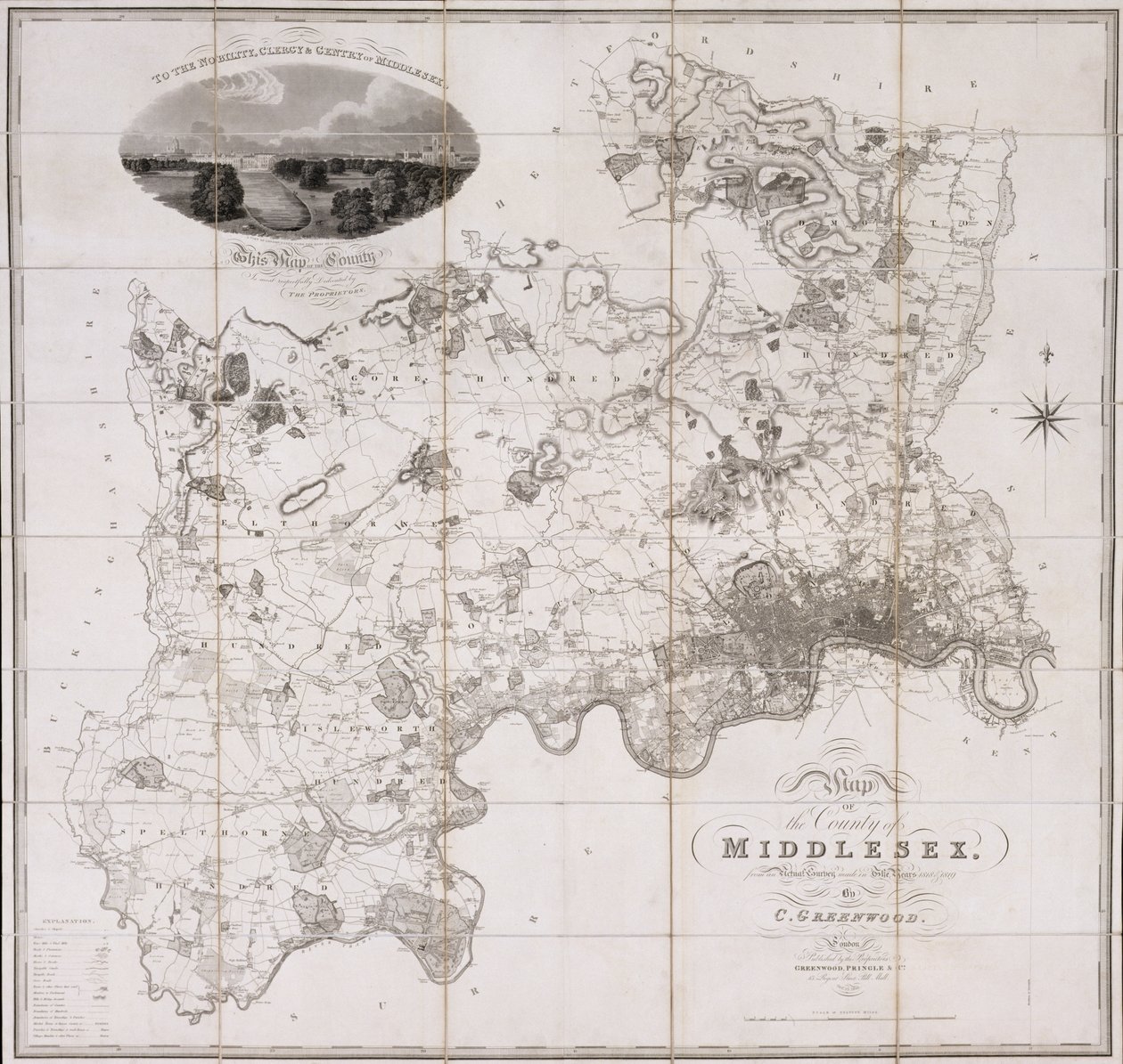 Middlesexin piirikunnan kartta, julkaistu 1819 (painettu) tekijältä C. Greenwood