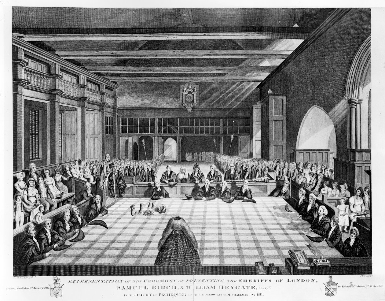 Edustus Lontoon sheriffien Samuel Birchin ja William Heygate Esqsin esittelytilaisuudessa. Valtiovarainministeriössä Mikaelin jälkeisenä päivänä 1811, James S. tekijältä C. John Mayle Whichelo