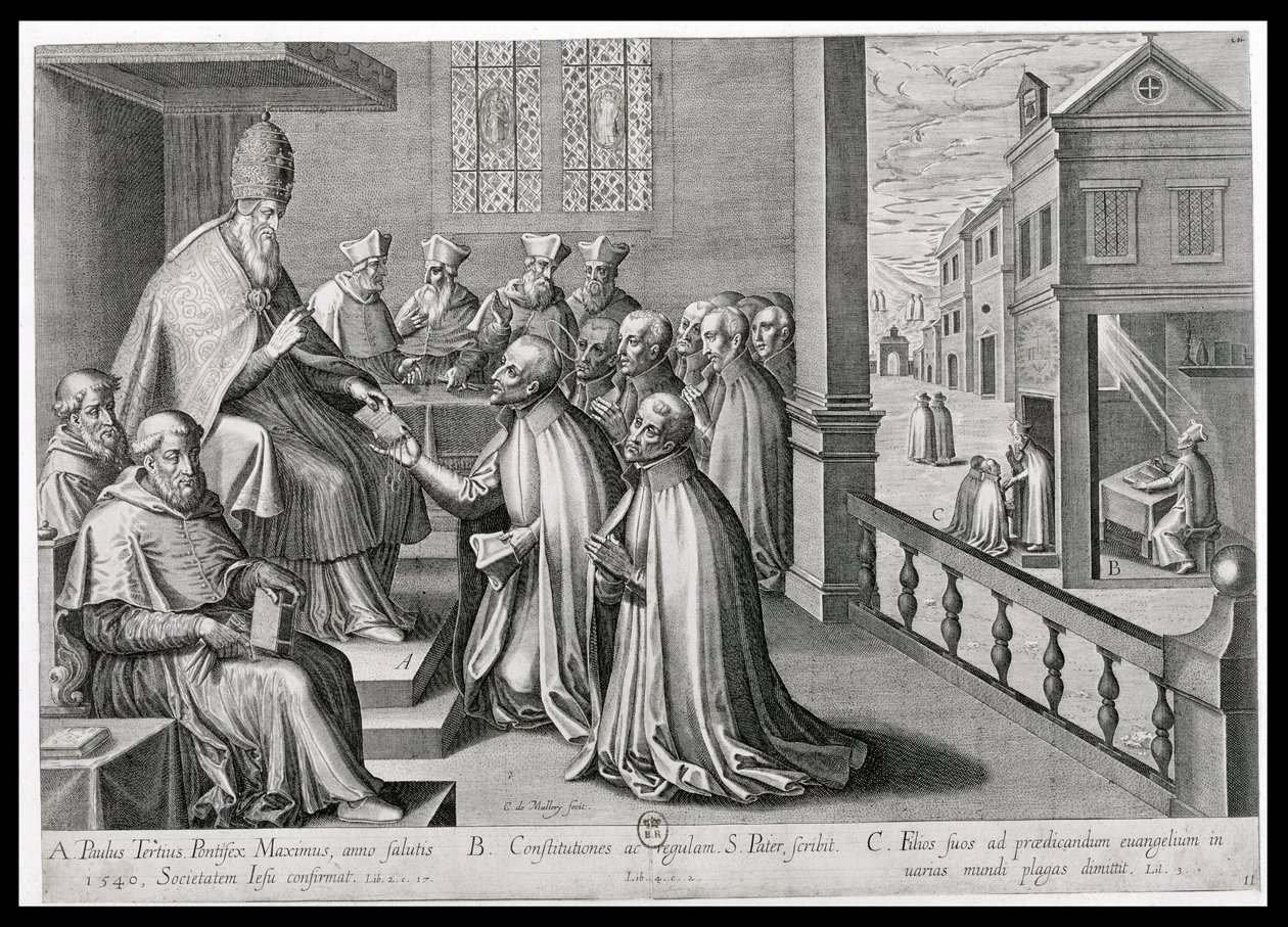 Paavi Paavali III (1468-1549) vastaanottaa Jeesuksen seuran säännön, 1540. tekijältä C. Malloy