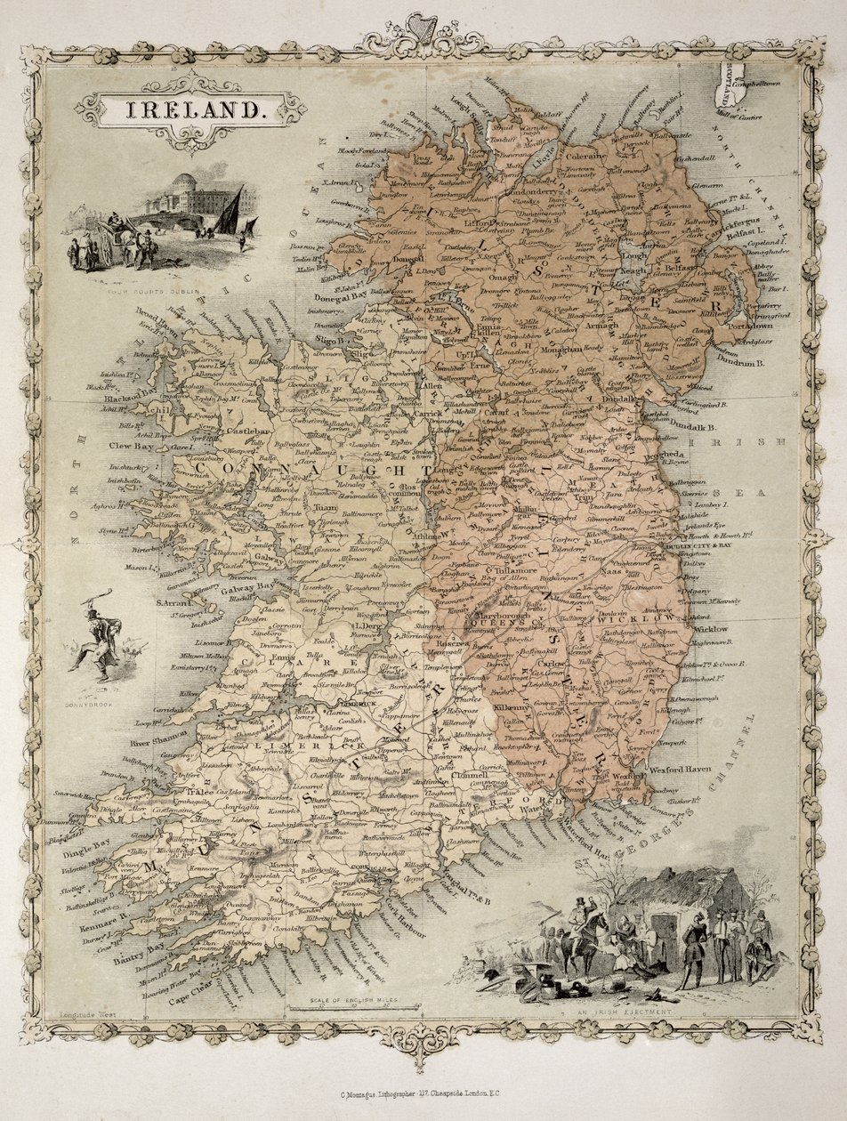 Irlannin kartta, julkaistu n. 1850 (käsinvärinen kaiverrus) tekijältä C. Montague
