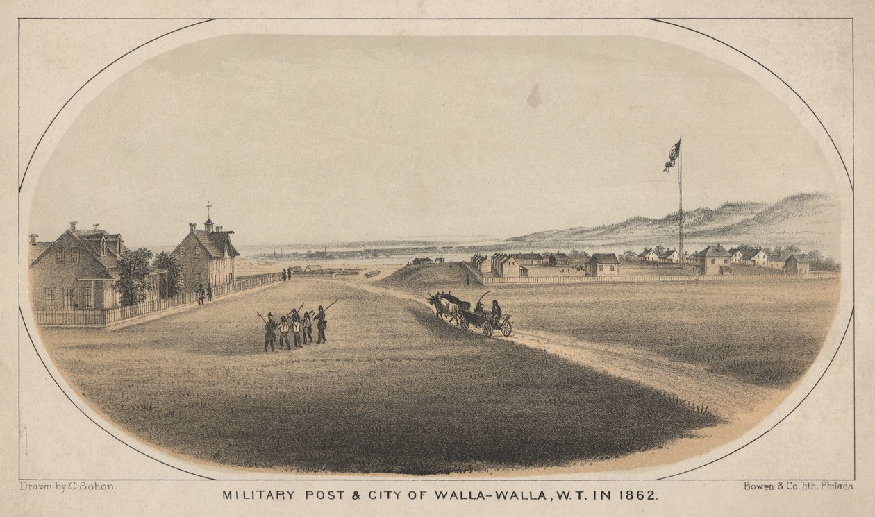 Sotilasposti ja Walla-Wallan kaupunki, W.T. vuosina 1862, 1863 tekijältä C. Sohon