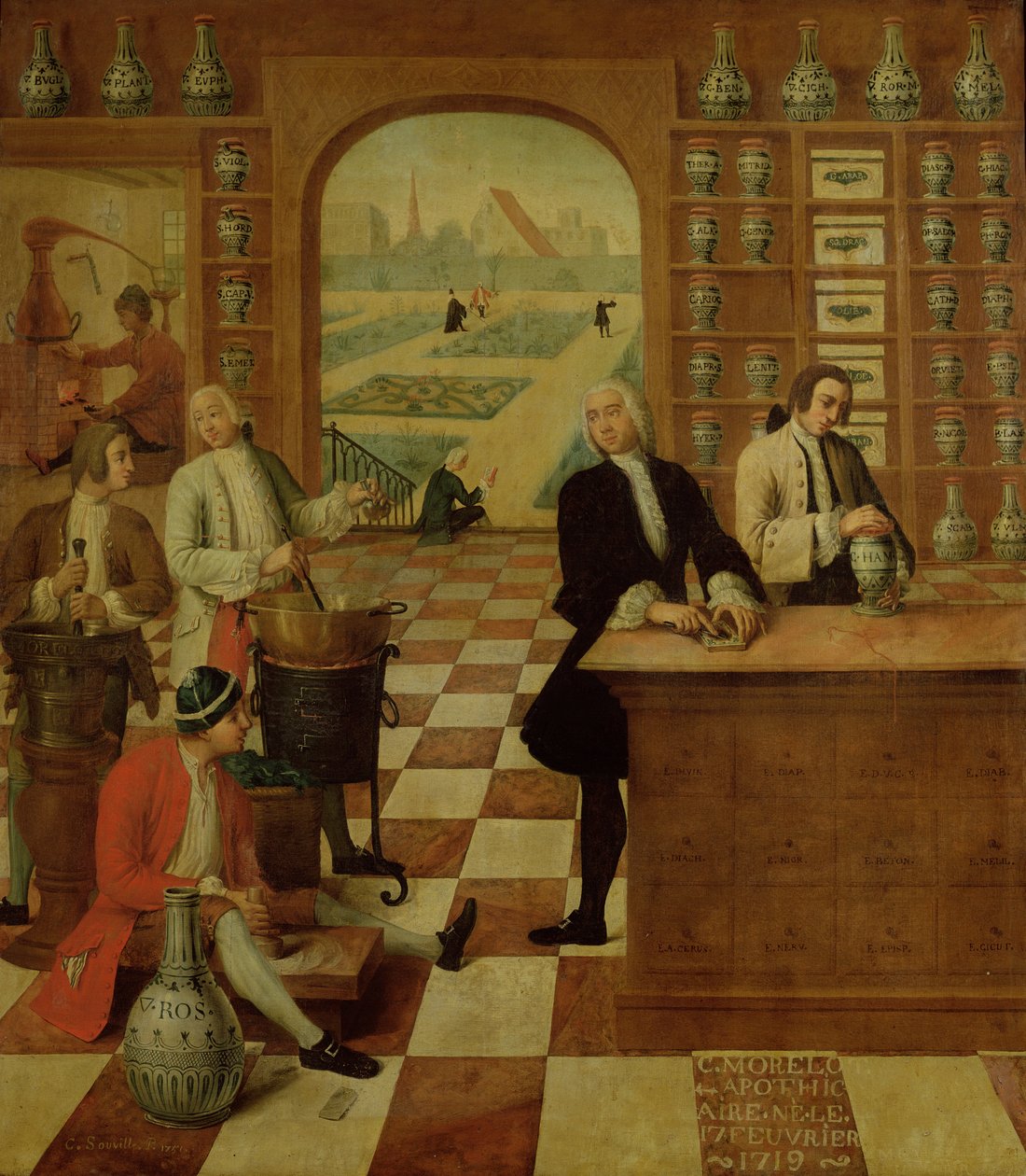 Apteekki C. Morelot (s. 17. helmikuuta 1719) apteekissaan, 1751 tekijältä C. Souville