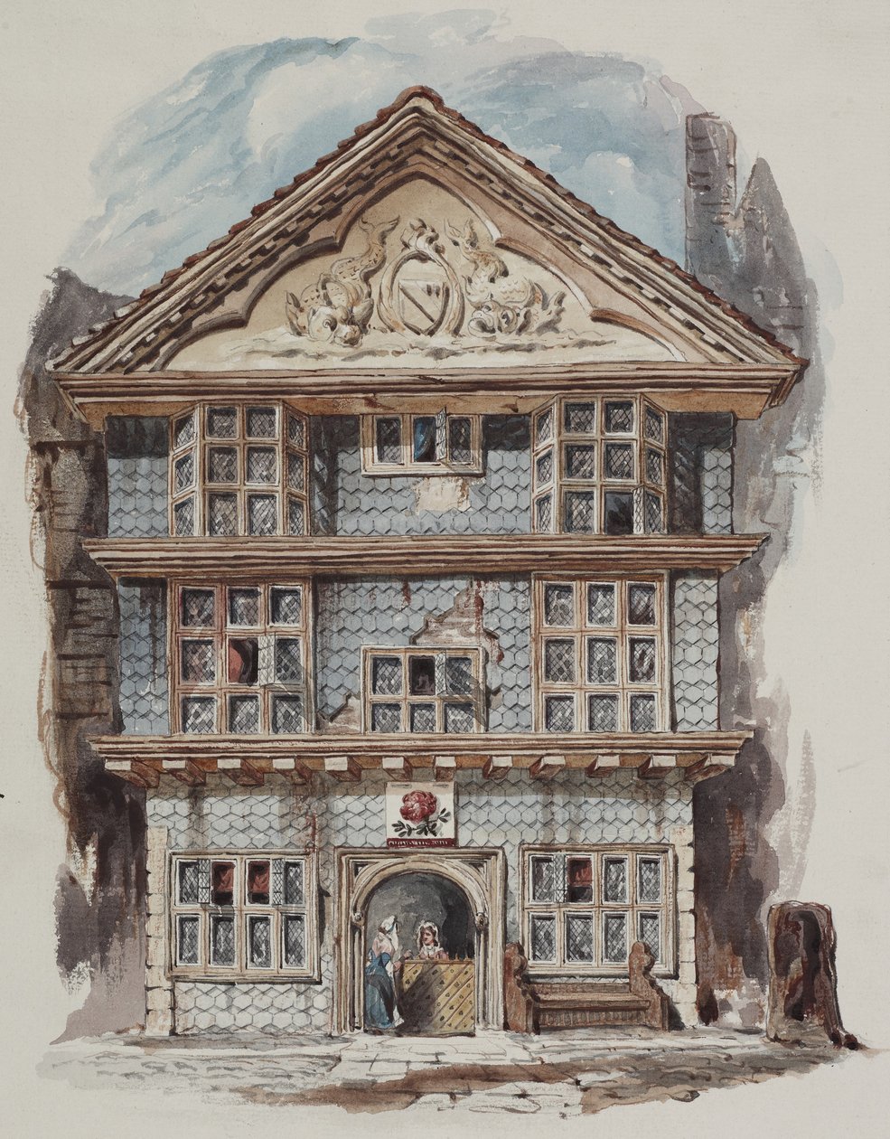Retrospektiivinen näkymä Rose Tavernasta Fenchurch Streetillä vuonna 1730, noin 1805 (wc paperille). tekijältä C. Williams