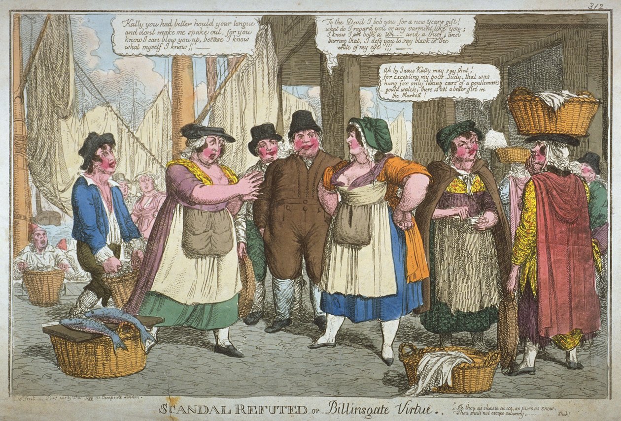 "Skandaali kumottu tai Billingsgate hyve", 1818 (käsinvärinen etsaus) tekijältä C. Williams