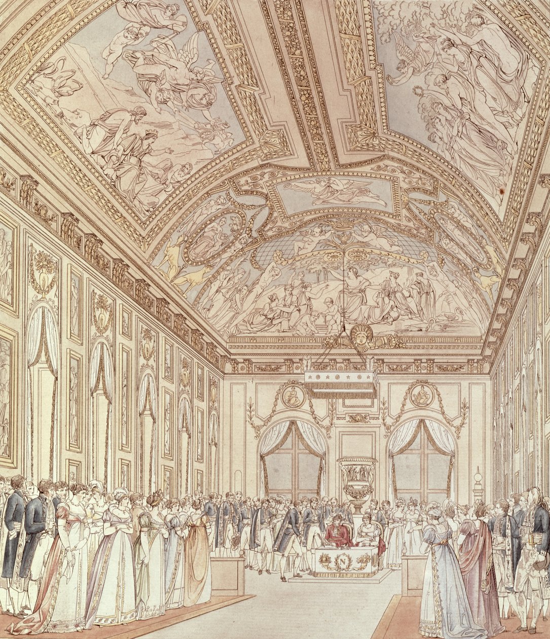 Napoleon Bonaparten (1769-1821) ja Marie-Louisen (1791-1847) vihkimisseremonia Chateau de Saint-Cloudin suuressa salissa 1. huhtikuuta 1810 tekijältä C. and Fontaine, P. Percier
