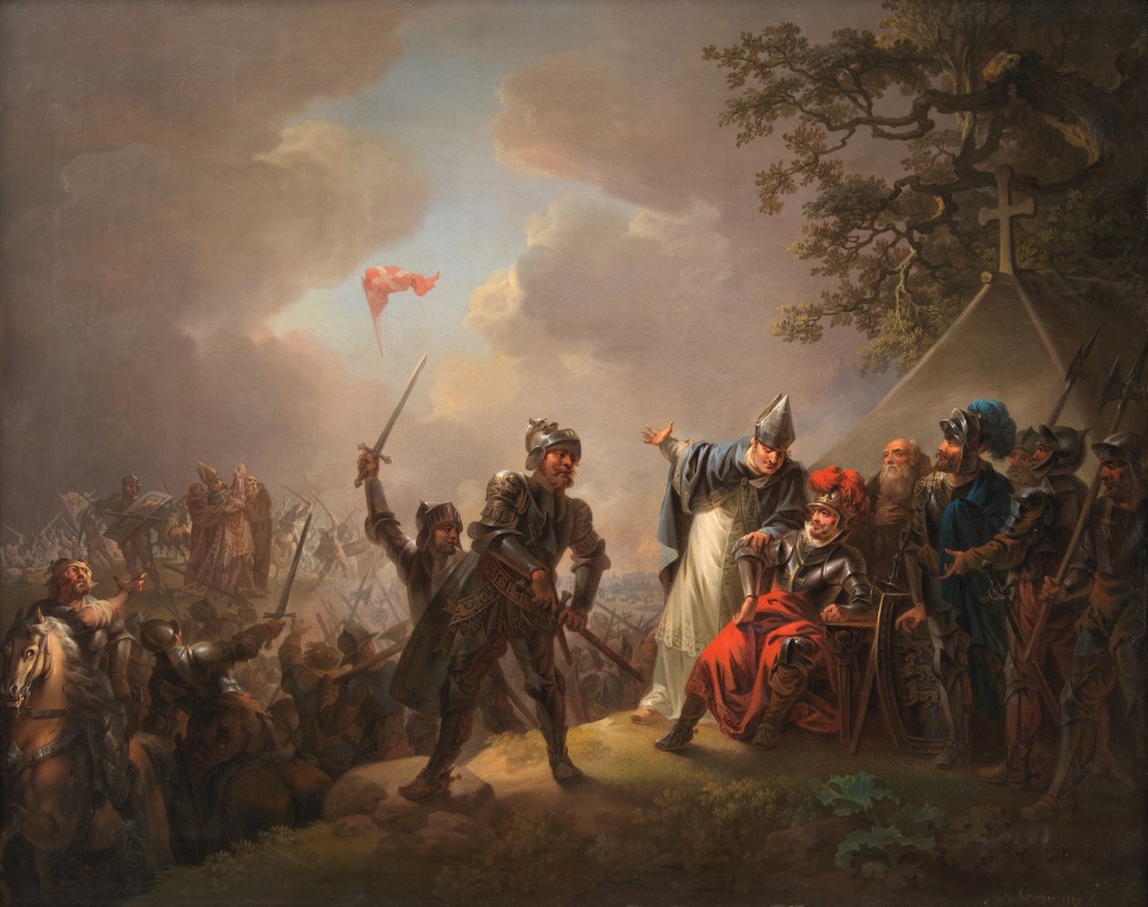 Legenda Tanskan lipun (Dannebrog) putoamisesta taivaasta Lyndanissen (Tallinna) taistelussa Virossa vuonna 1219 tekijältä C.A. Lorentzen