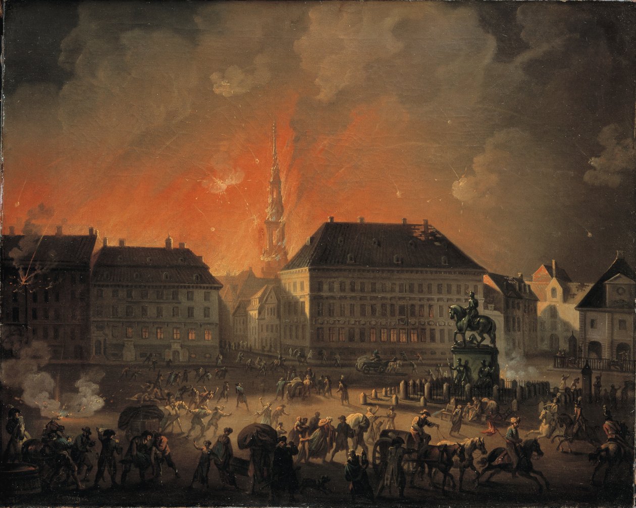 Kaikkein kauhein yö. Näkymä Kongens Nytorvista Kööpenhaminassa Kööpenhaminan englantilaisen pommituksen aikana yöllä 4. ja 5. syyskuuta 1807 tekijältä C.A. Lorentzen