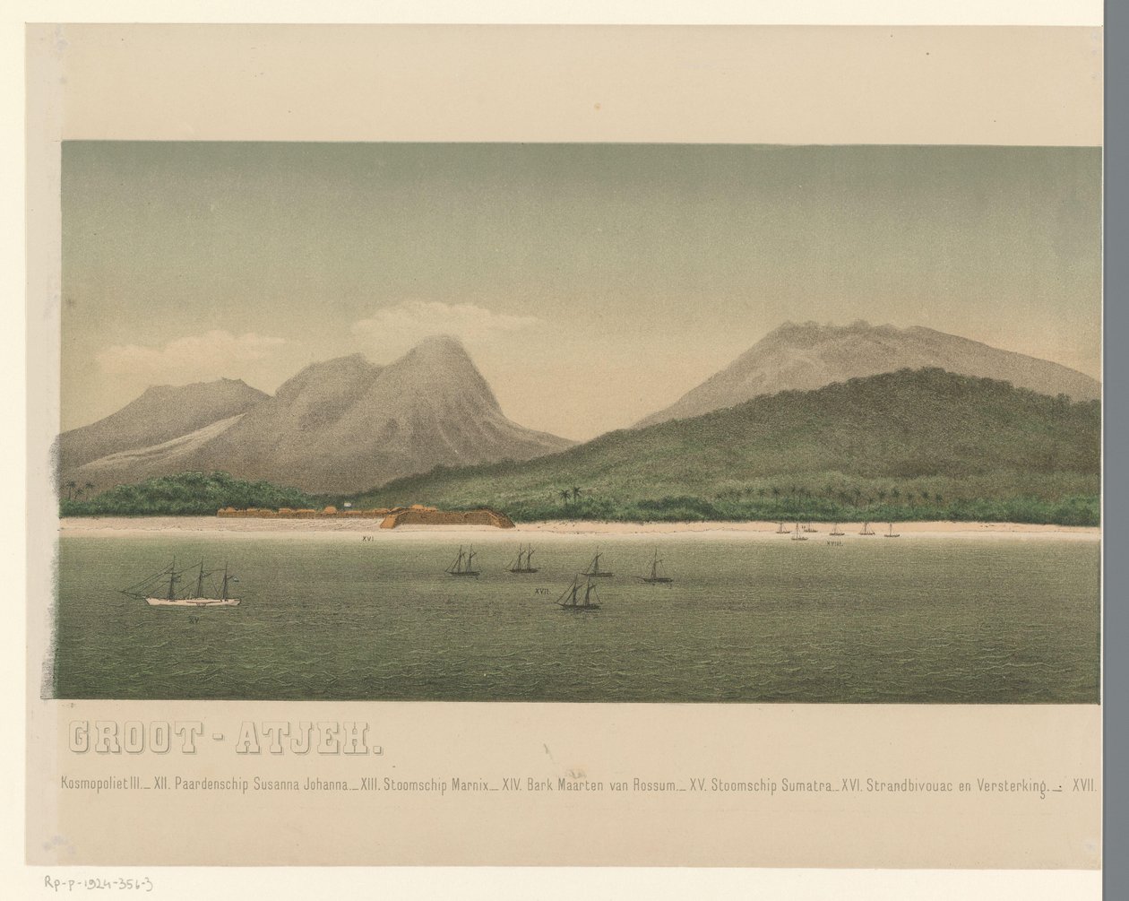 Näkymä Suur-Acehin rannikolle, ensimmäisen Acehin retkikunnan laivaston kanssa rannikon edustalla, kolmas osa The Greater Aceh Road (otsikko esineessä) tekijältä C.A. Whitten