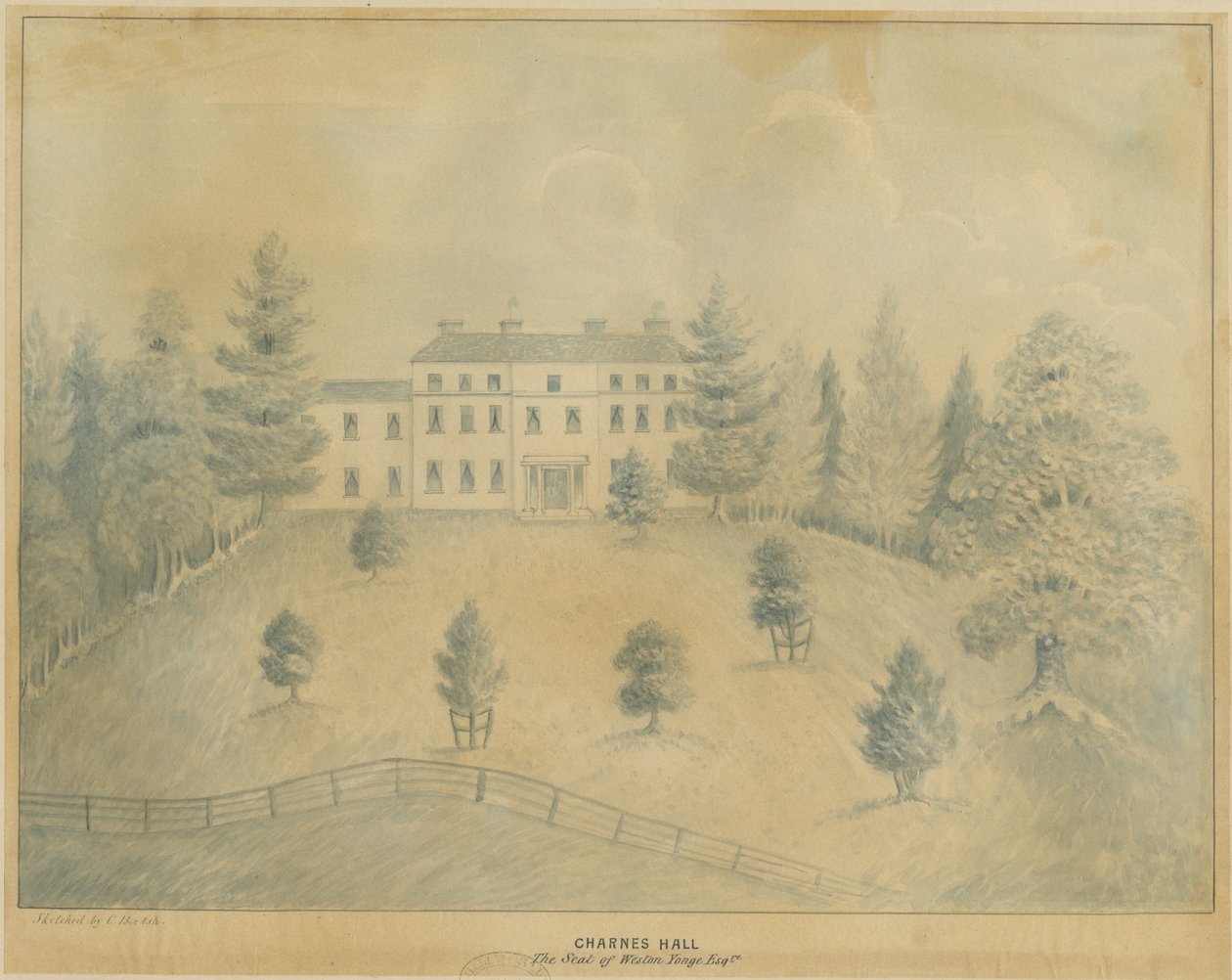 Charnes Hall: lyijykynä- ja pesupiirustus, nd [1800-luku] tekijältä C.B Ash