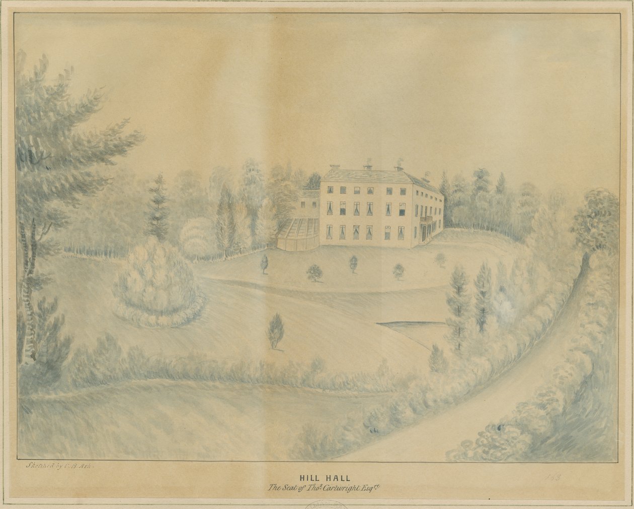 High Offley - Hill Hall: lyijykynä- ja pesupiirustus, nd [c 1840] tekijältä C.B Ash