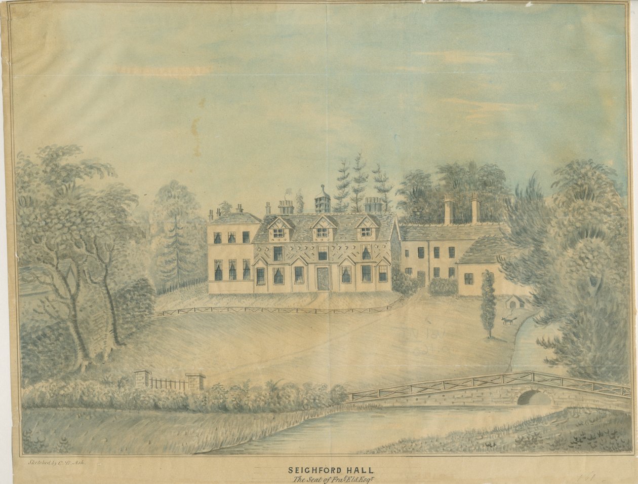 Seighford Hall: värillinen pesupiirustus ja [1800-luvun puoliväli] tekijältä C.B Ash