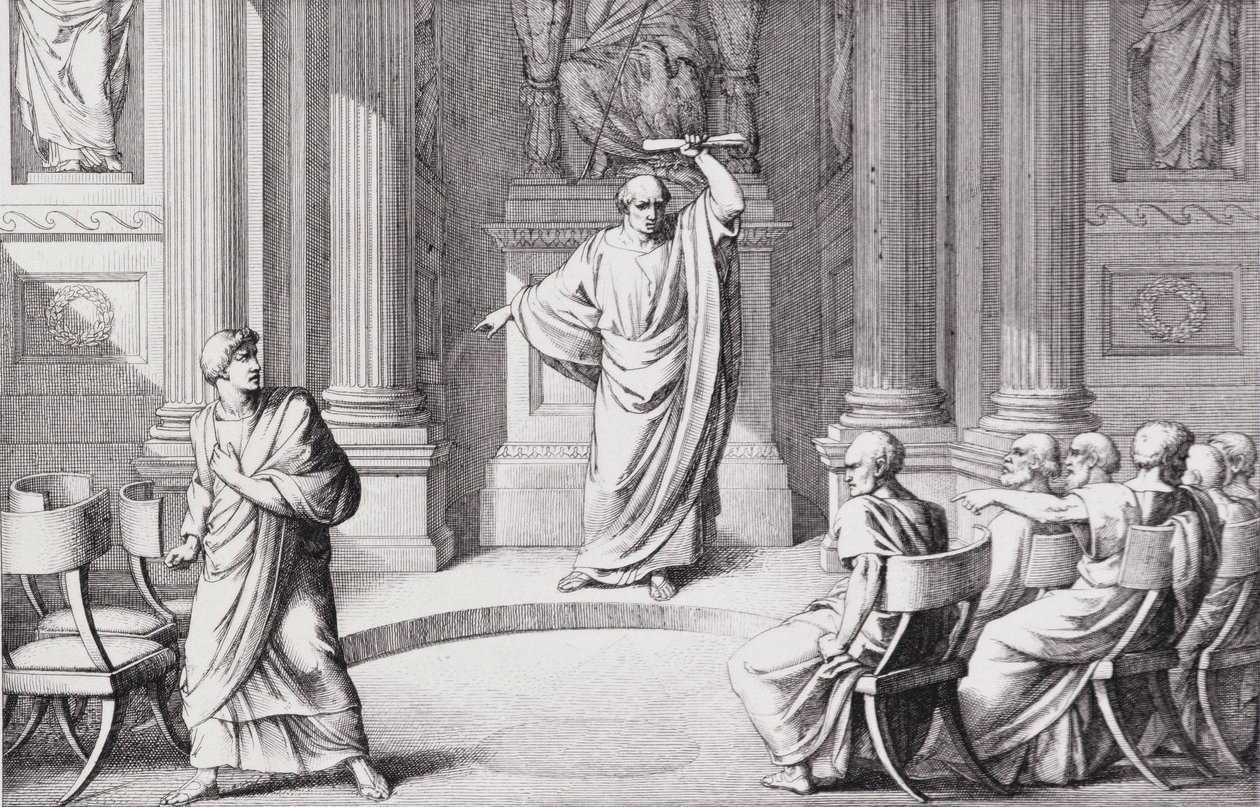 Cicero tuomitsee Catilinen, kaiverrettu B.Barloccinin toimesta, 1849. tekijältä C.C Perkins