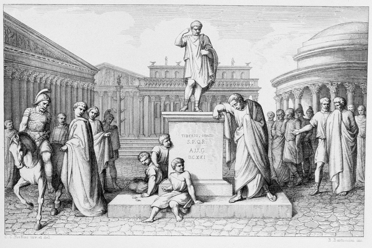 Gaius Gracchus itkemässä isänsä patsaan edessä, kaiverrus B. Barloccini, 1849 tekijältä C.C Perkins