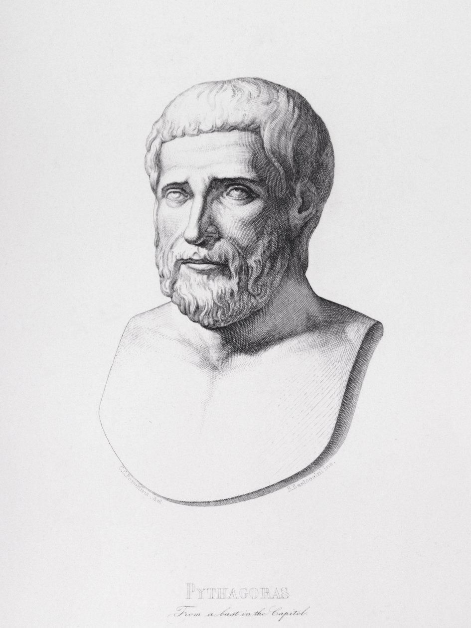 Pythagoraan muotokuva (noin 580-500 eKr.), kaiverrettu B.Barloccinin toimesta, 1849. tekijältä C.C Perkins
