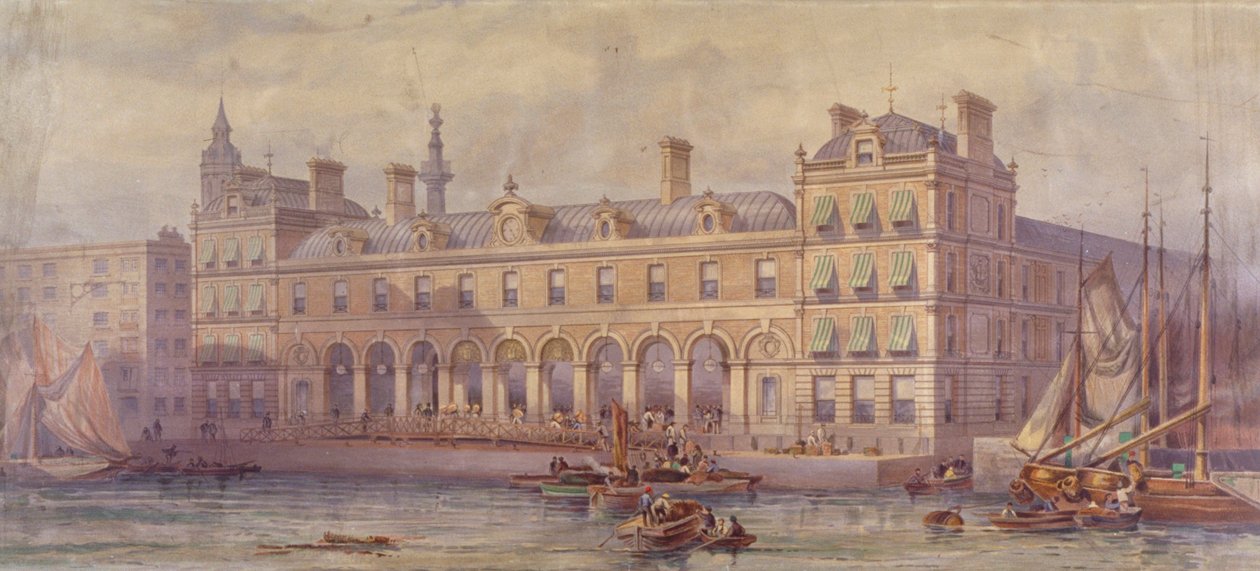 Näkymä Billingsgate Marketista hahmoilla ja veneillä etualalla, Lontoo, 1877 tekijältä CF Kell