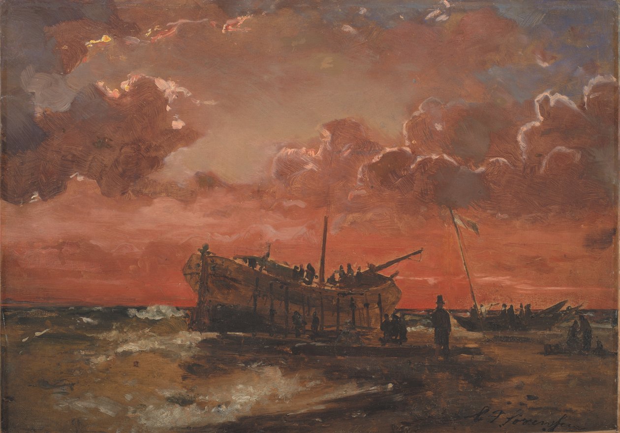 Hylky Jyllannin länsirannikolla auringonlaskun aikaan tekijältä C.F. Sørensen