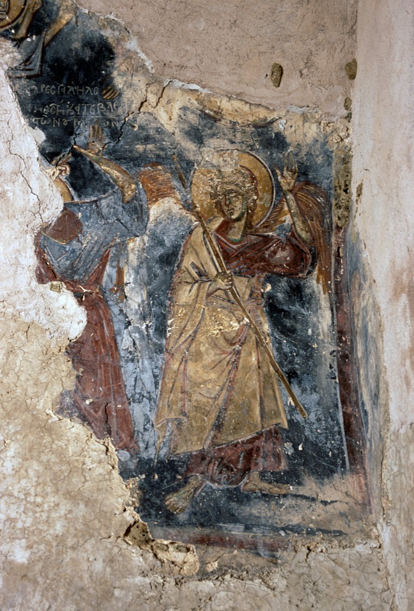 Enkeli ja pyhimys, yksityiskohta Agios Georgios Apodouloun kirkon freskosta, Apodoulou, Kreeta, Kreikka (kuva). tekijältä J.B. and Brown J. Rowbotham