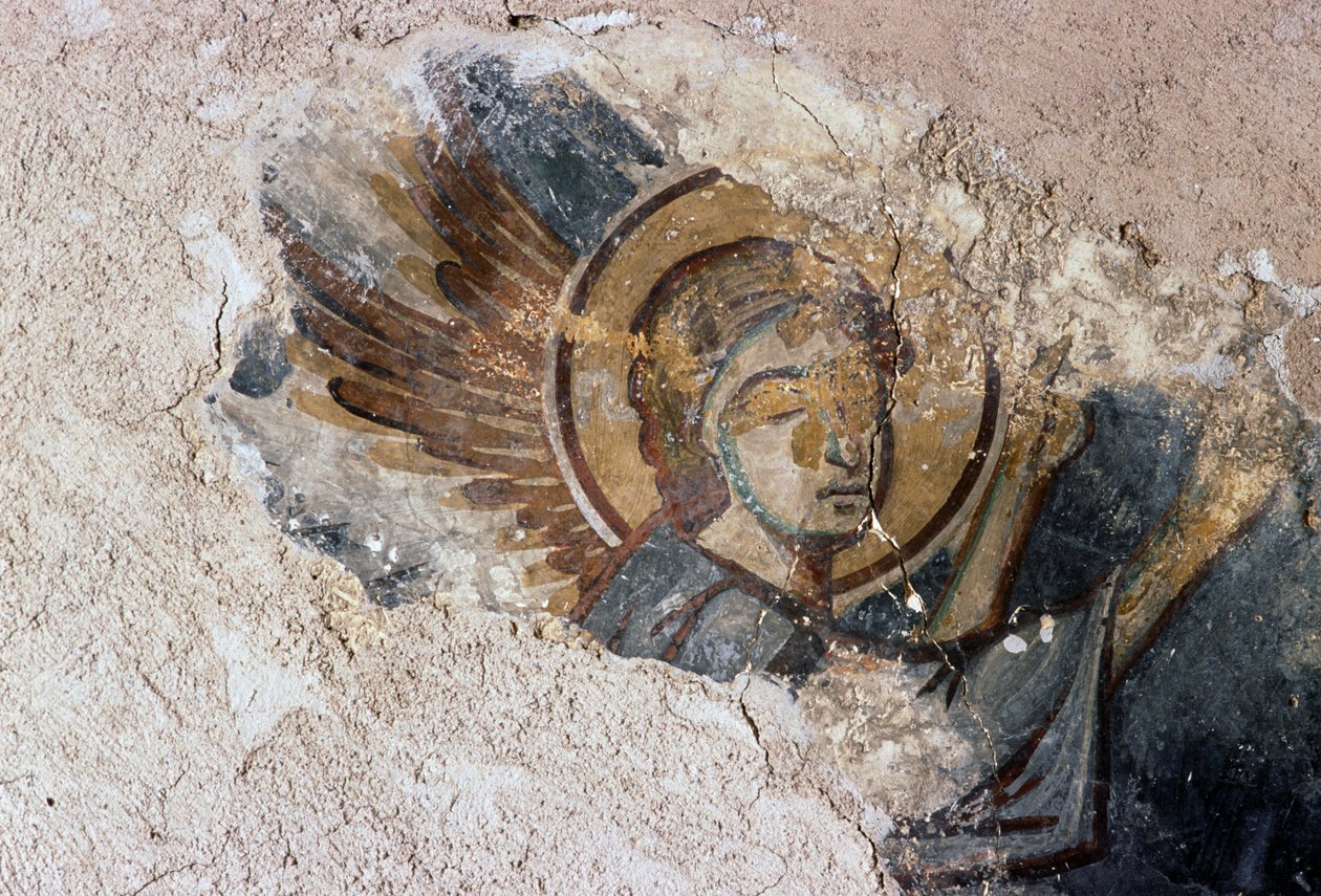 Enkeli, fresko bysanttilaisessa Agios Georgioksen kirkossa, Apodoulou, Kreeta, Kreikka (kuva) tekijältä J.B. and Brown J. Rowbotham