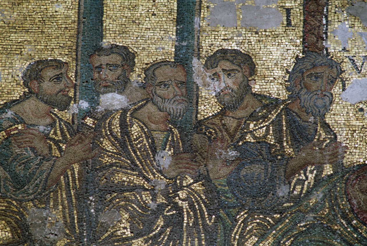 Kuvaus apostoleista, yksityiskohta Pyhän Tuomaan epäilyn mosaiikista, Syntymäkirkko (Unescon maailmanperintöluettelo, 2012), Betlehem, Palestiina tekijältä J.B. and Brown J. Rowbotham