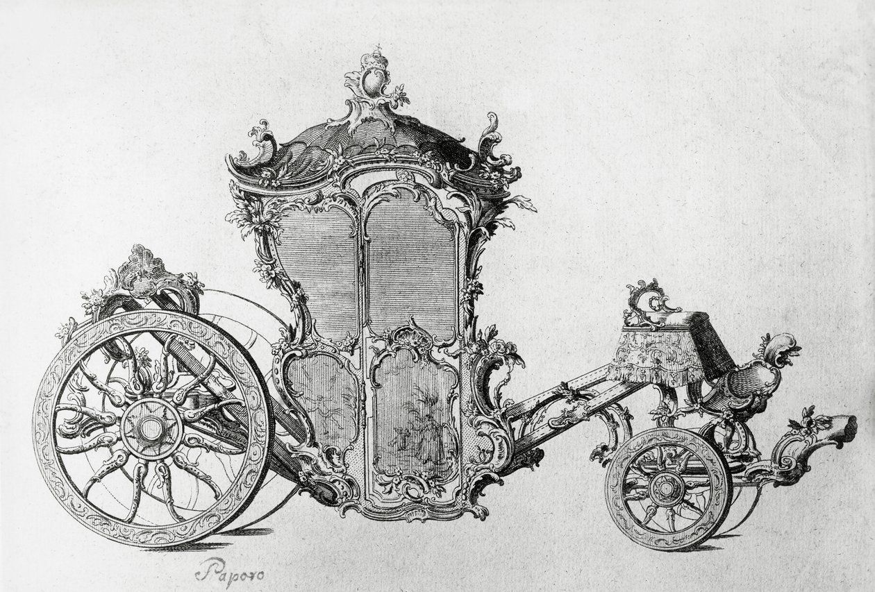 Suunnittelu rokokoovaunuun, kaiverrus tekijältä J.B. and Brown J. Rowbotham